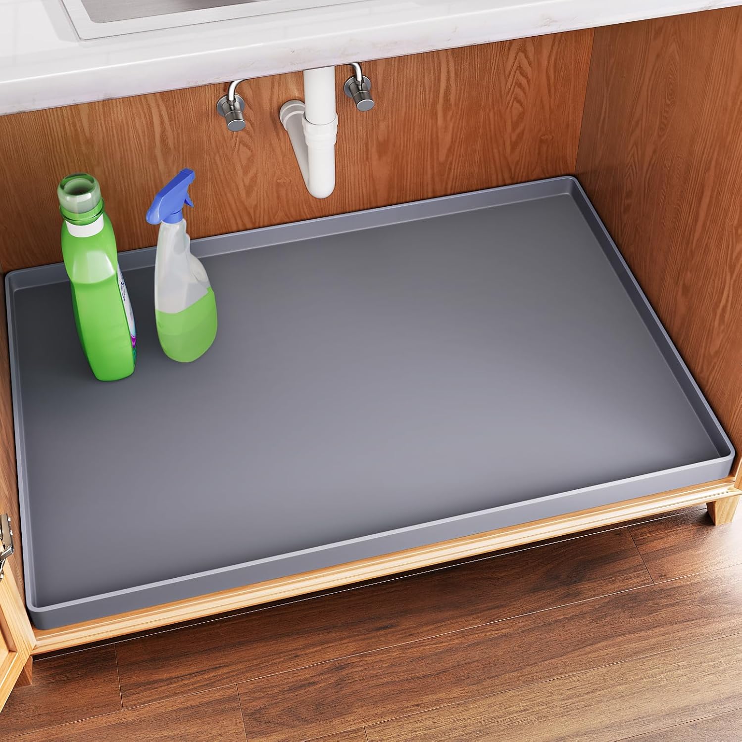 FLATO Waterproof Under Sink Mat 34" x 22" Shelf Liner for Kitchen and Bathroom, Cabinet Protector, Organizers and Storage, Flexible Silicone Drip Tray Dark Gray 22"W x 34"L