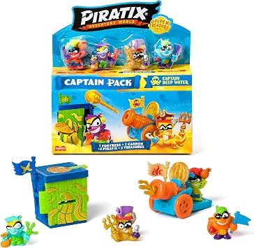 PIRATIX Golden Treasure Series  Captain Pack Deep Water.Includes 4 Piratix;1 golden captain and 1 surprise piratix,4 accessories,1 fortress,1 cannon, 2 exclusive treasures and 2 flags. Pack 4 out of 6
