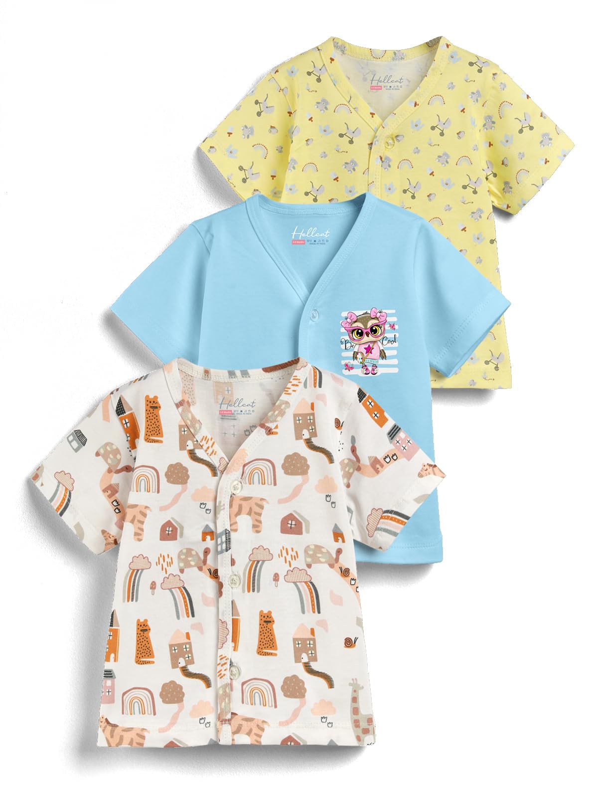 HELLCAT 100% Cotton Front Open Jhabla Vest & T Shirt for Babies - Pack of 3 (Unisex,Short Sleeve)