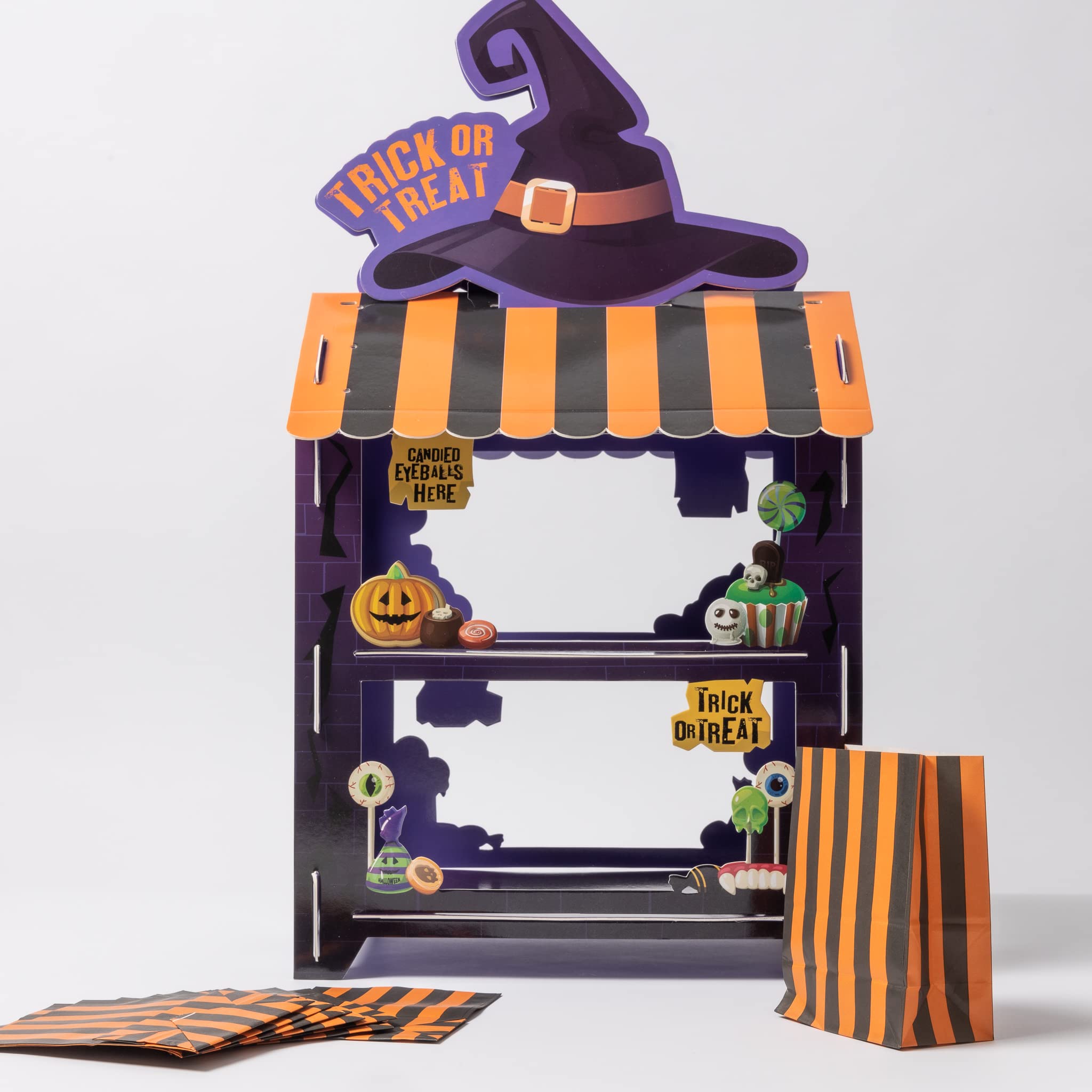 evelay 2 Tier Trick or Treat Halloween Party Display Shop Stand for Cupcakes and Desserts with 12 Paper Sweet Bags Included