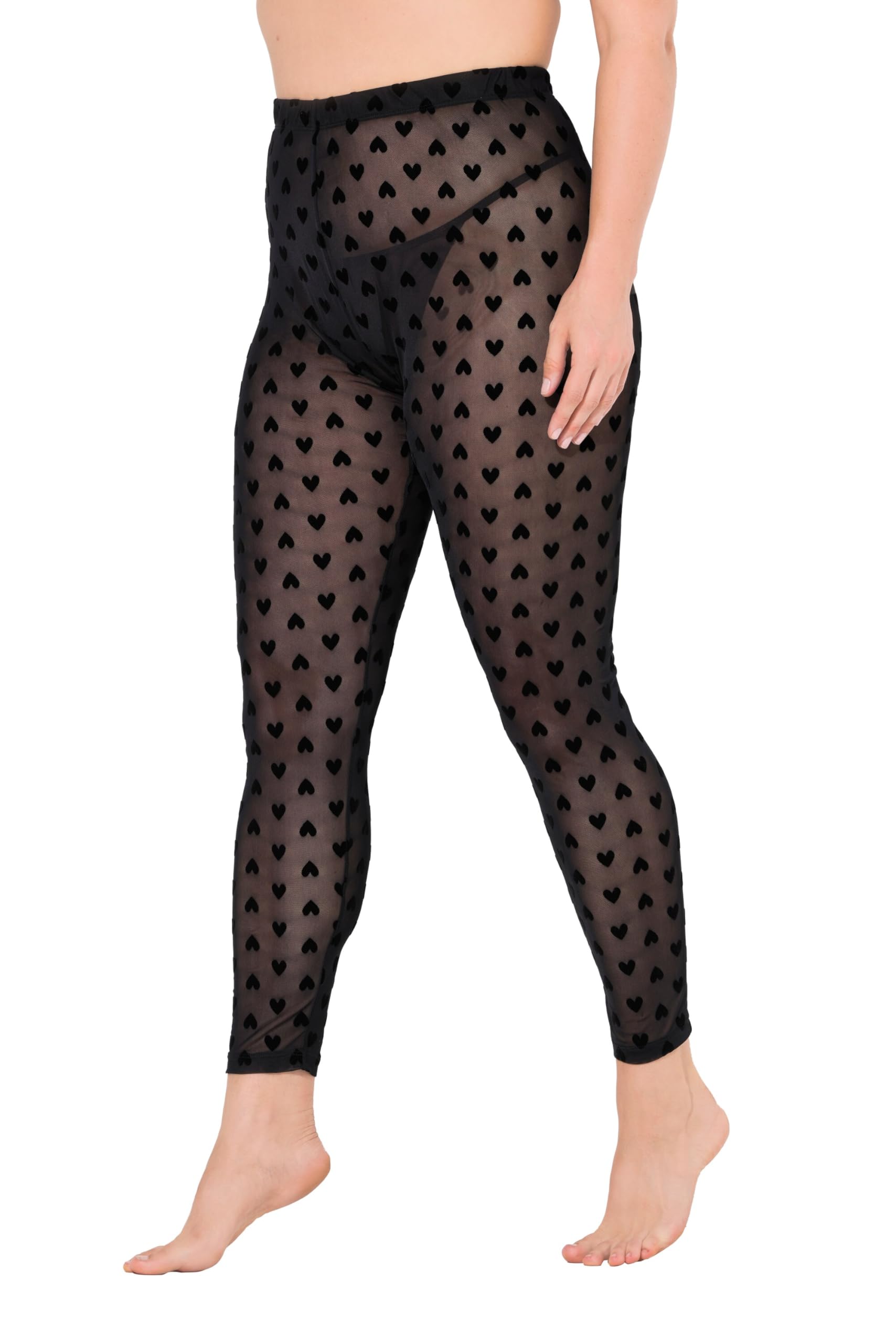 Ulla Popken Damen große Größen Übergrößen Plus Size Strumpf-Leggings, Mesh, Herz-Flockdruck 837095