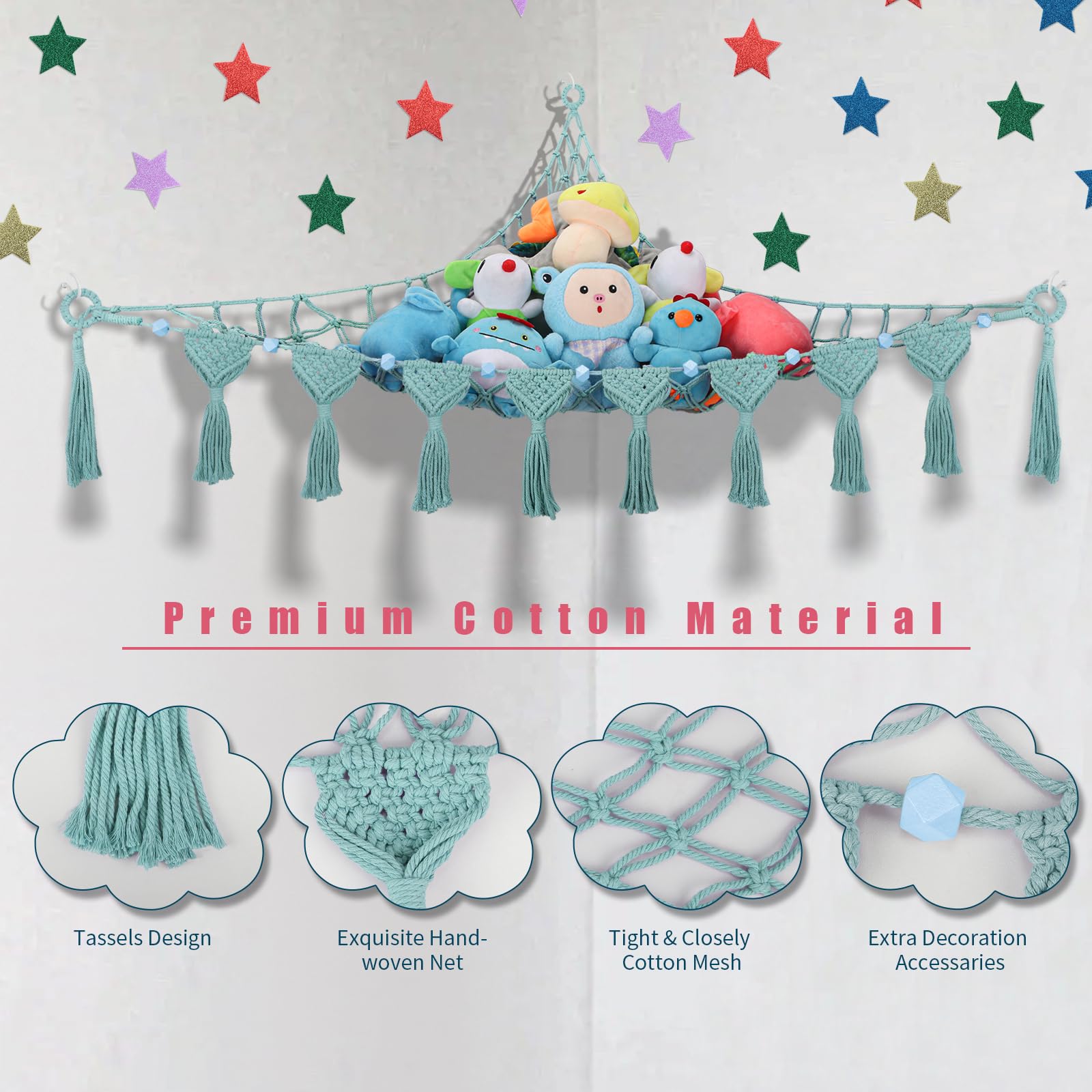 Stofftier-Hängematte, Hängenetz-Organizer für Spielzimmer, Kinderzimmer, Dekoration, Boho-Makramee-Quasten, Eckspielzeughalter, Wandmontage, Plüschtiernetz mit Lichterkette für Babyzimmer