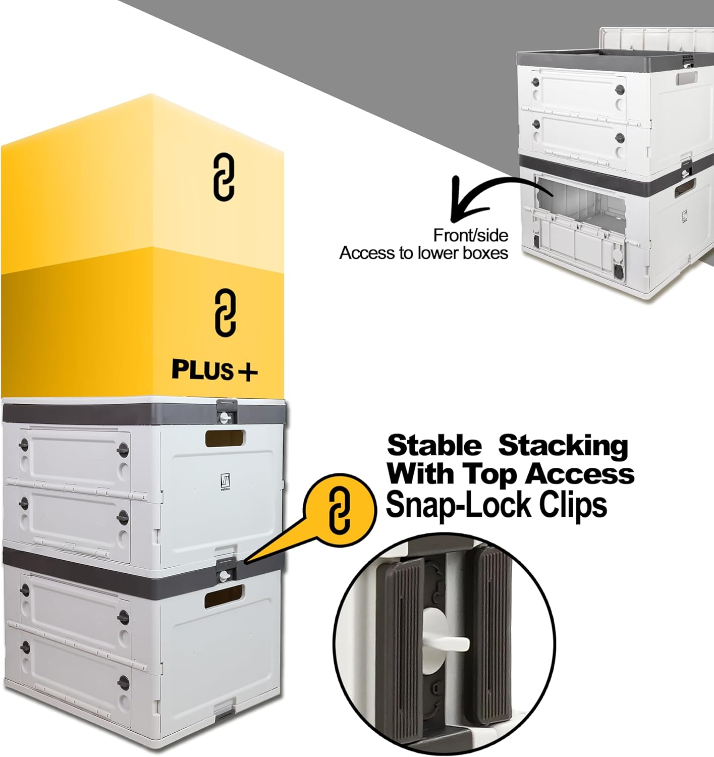 Wellmax Collapsible Crate with Lid - 44LB Stackable Foldable Crate for Groceries, Office & Car Trunk Organizing