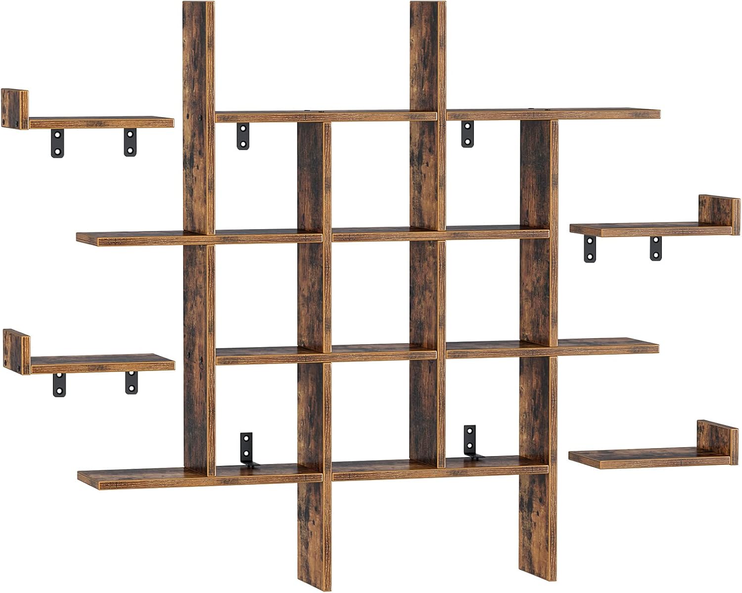 Rolanstar Floating Shelves, Wall Mounted 4 Cube Intersecting Floating Shelf Set for Decor and Storage for Living Room, Bedroom, Home Decor Furniture, Rustic Brown 2 Pack