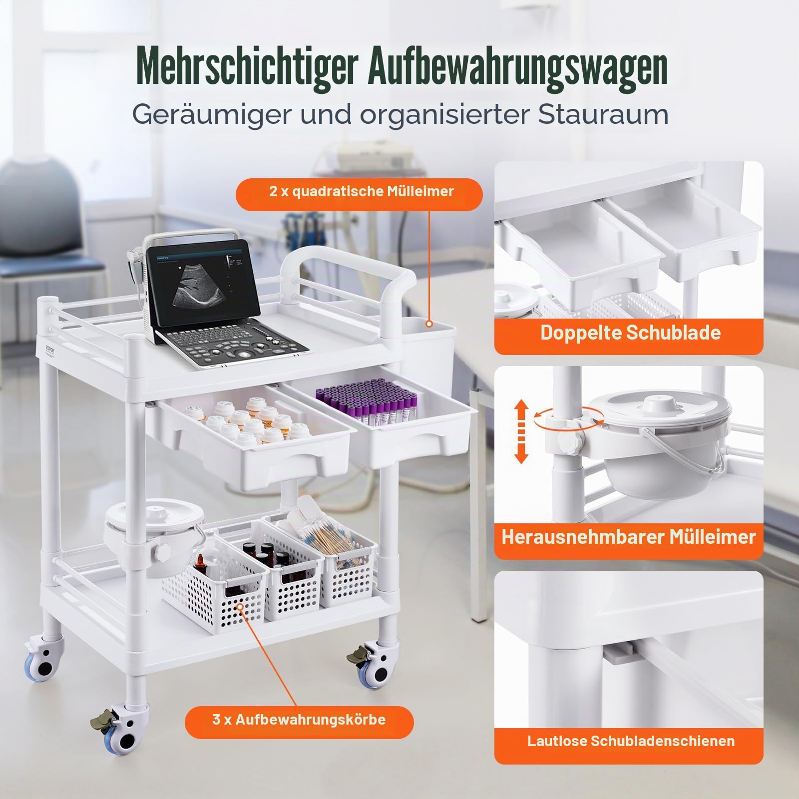 VEVOR Laborwagen Medizinwagen mit 2 Ablagen, 2 Schubladen und 4 Rädern, Rollbarer Laborwagen PP-Material, 50 kg belastbarer Servierwagen mit 3 Mülleimern für Labor, Klinik, Krankenhaus, Salon, weiß