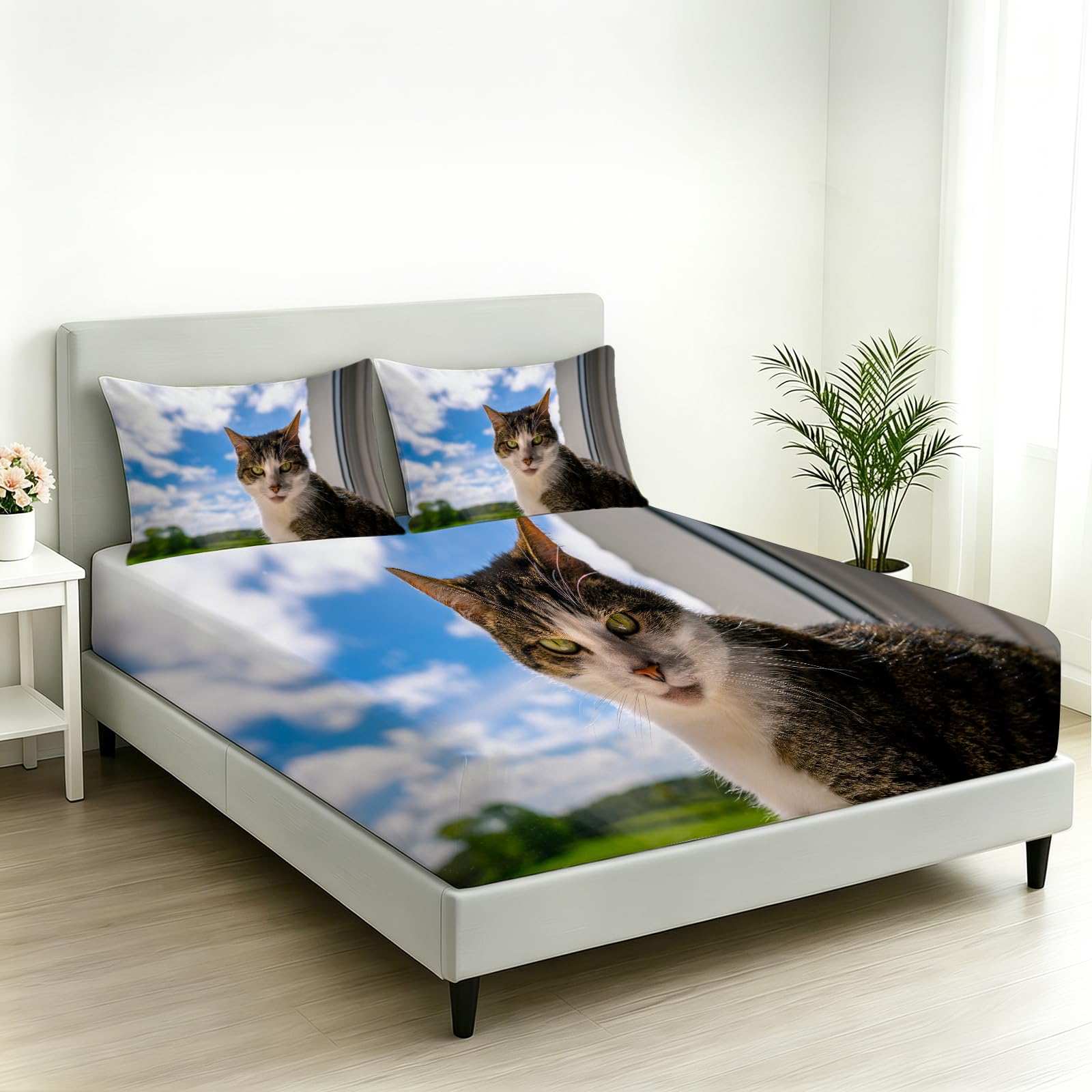 Sábana Bajera 160 x 200 Ajustable Gatito Adorable Cielo