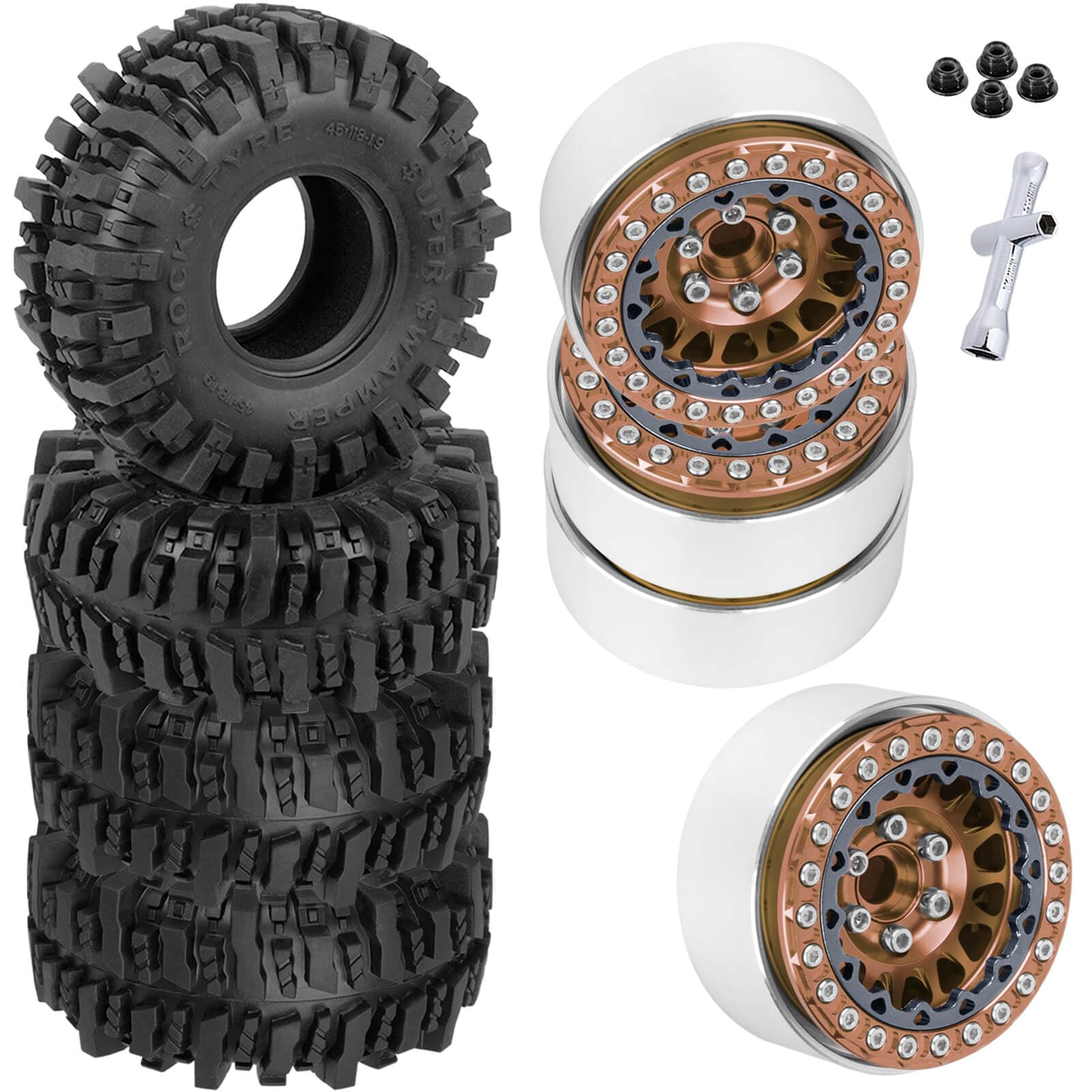 BRCatWPark RC 1.9 Beadlock Wheels and Tires for 1/10 TRX4 TRX6 SCX10 SCX10 II 90046 SCX10 III AXI03007 SCX10 Pro Gen7/8 D90 VS4-10 MST CFX RC Crawler Car,4PCS Beadlock Rims 1.9 Wheel Tires,Brown