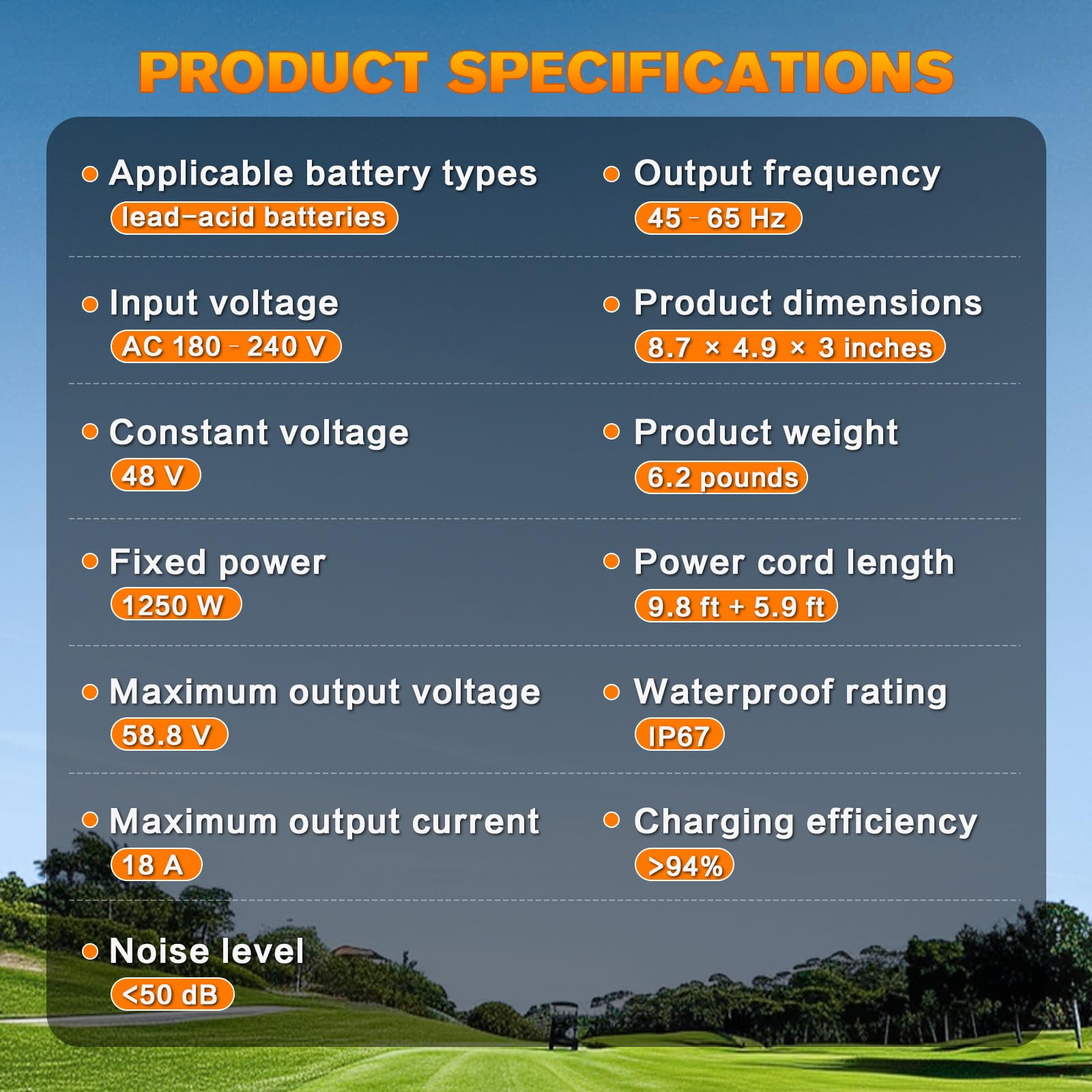 KAISAL Caricabatterie 48V 18A per Golf Cart Club Car, Caricabatterie Impermeabile IP67, Ricarica Intelligente Automatica a 5 Fasi, Caricabatterie per Batterie al Piombo-acido 48V, Spina Rotonda 3 Pin