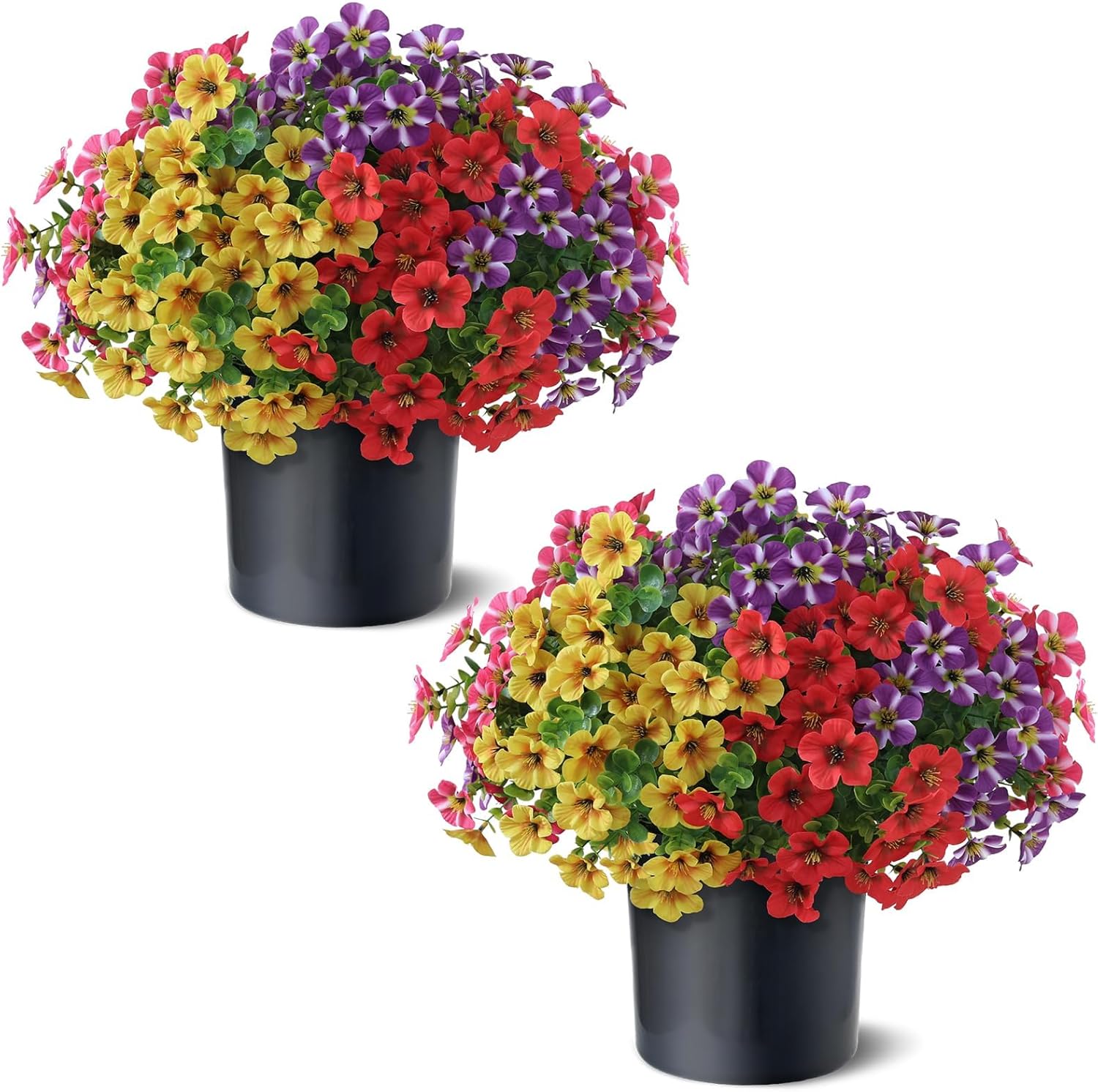 2 Set of Artificial Morning Glory & Eucalyptus Topiary Trees - Faux Silk Flower Potted Plants, UV-Resistant Fake Outdoor Morning Glory Bushes for Front Door, Farmhouse, Garden Decor (Mixed Color)