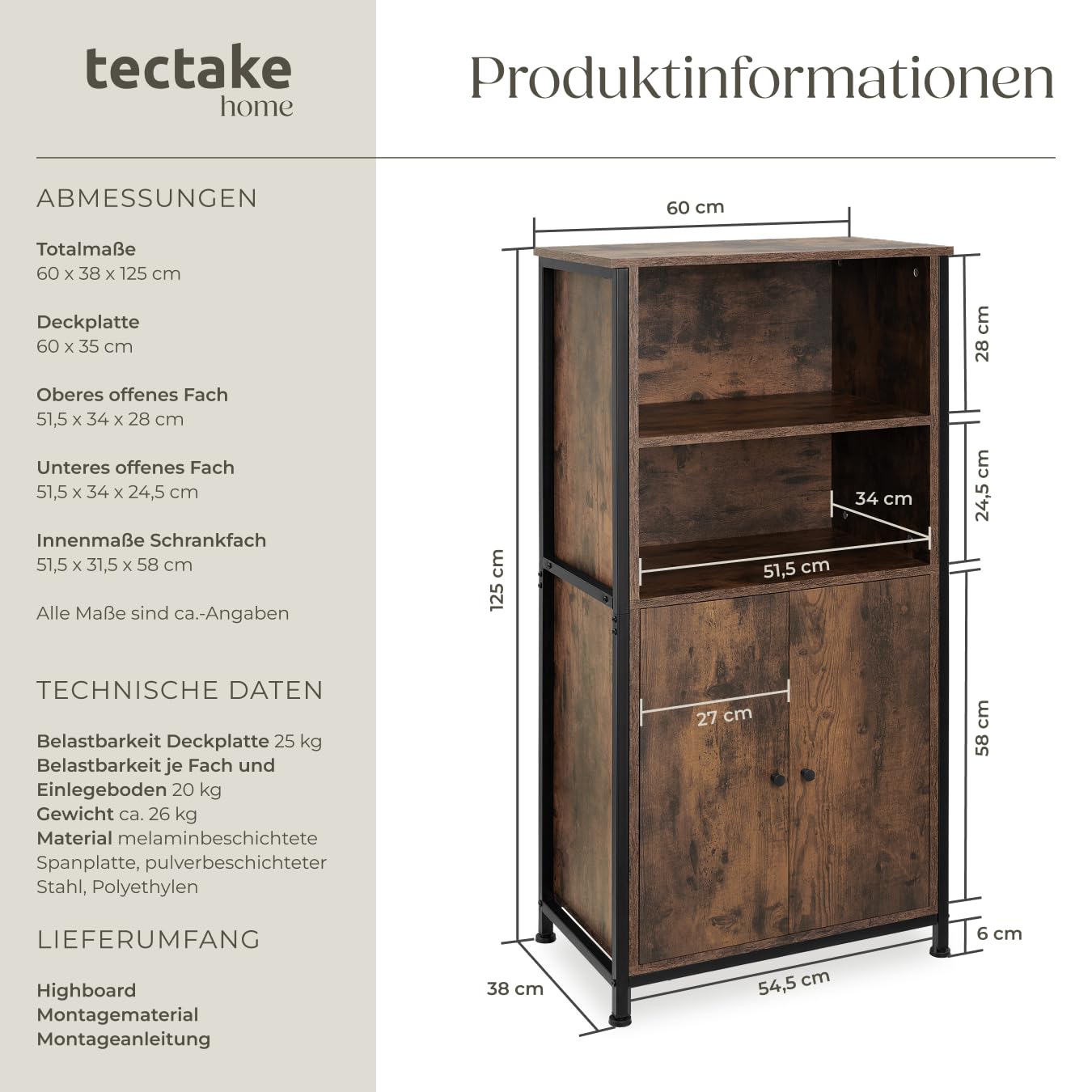tectake® Industrial Highboard, Kommode mit offenen Fächern und Schrankfach, Sideboard, Flur Möbel, Wohnzimmerschrank, Bücherschrank, schmaler Schrank Schlafzimmer (Industrial Dunkelbraun)