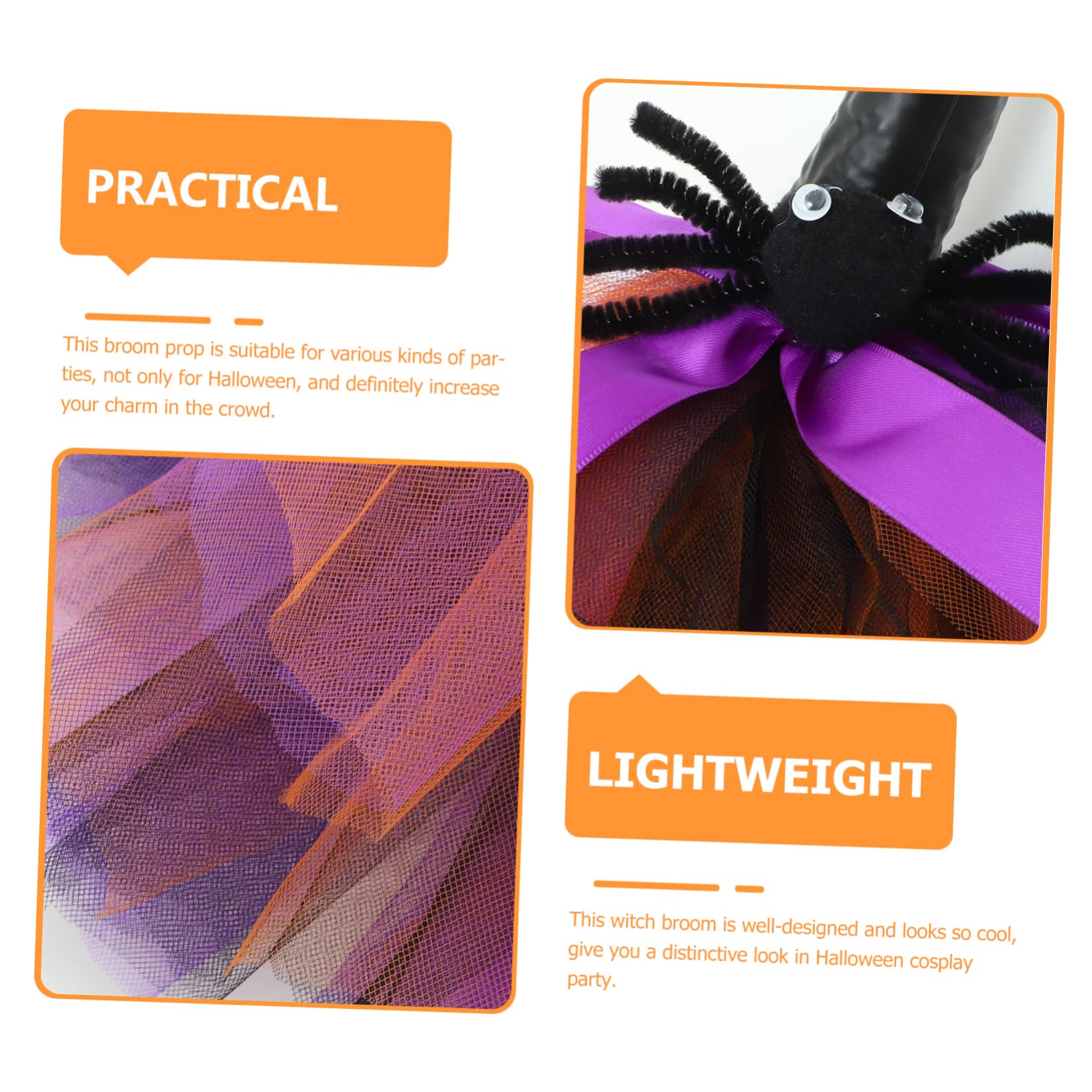 KICHOUSE Halloween Witch Broomstick Prop Realistic Witch Supplies Plastic Gauze Detachable Reusable Purple Color