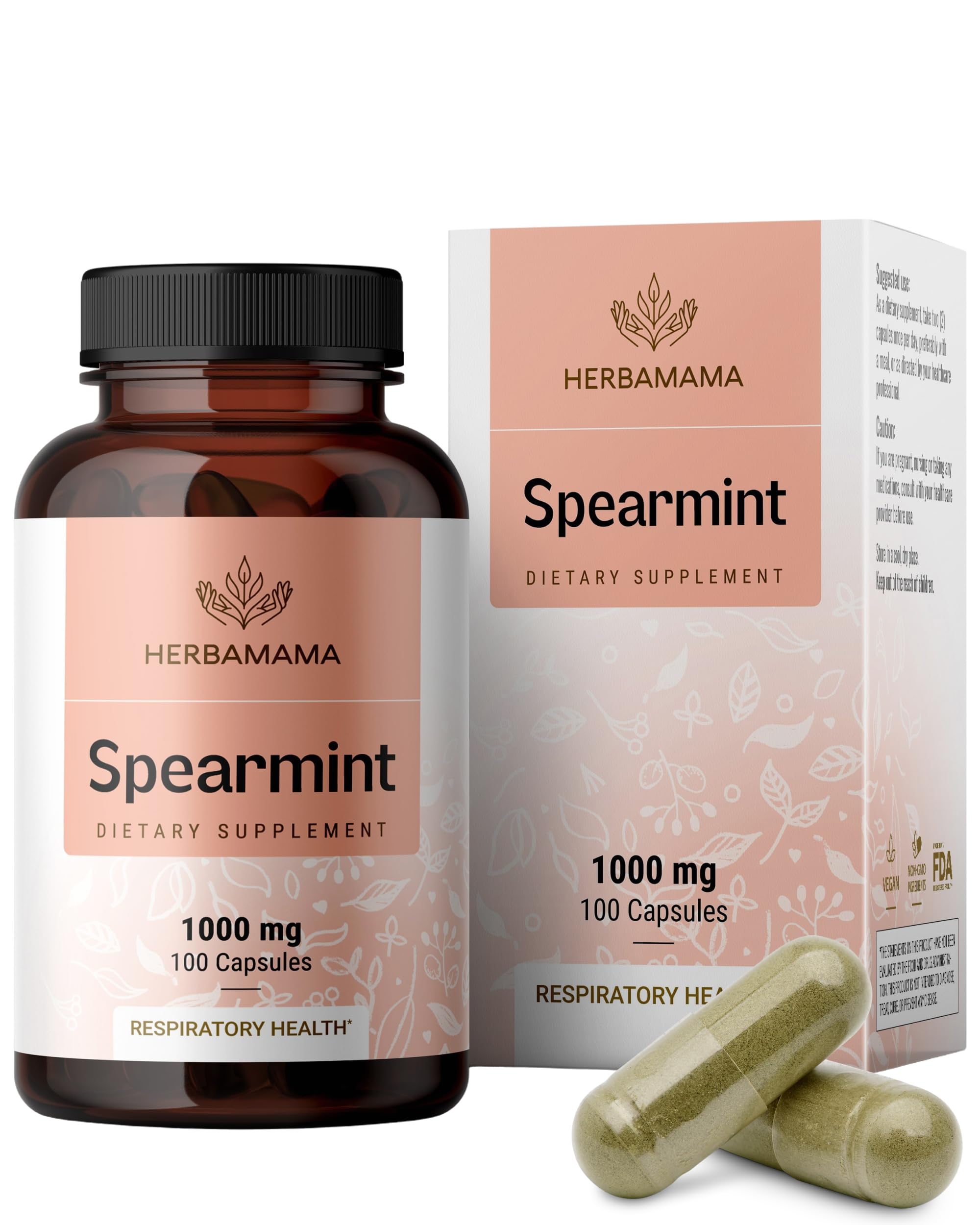 HERBAMAMA Spearmint Leaf Capsules - 1000mg Spearmint Leaves for Gut Cleanse & Digestive Support - Vegan, Non-GMO Mentha Spicata Supplement