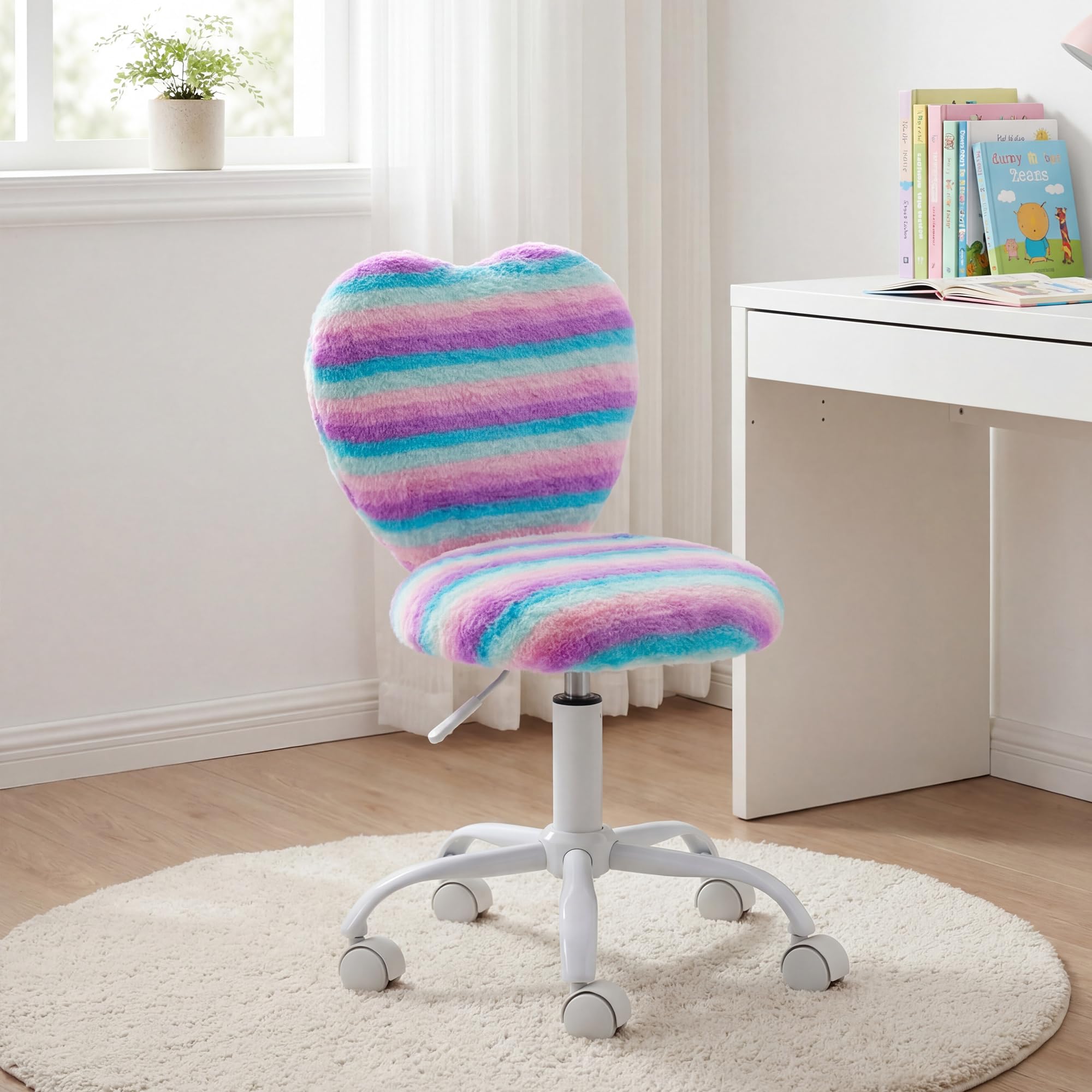 Kmax Kids Reading Chair, Rolling Cute Desk Chair for Girls Swivel Office Chair with Wheels &amp; Heart Back Adjustable Childrens Vanity Chair for Bedroom Reading Room - Faux Fur, Rainbow