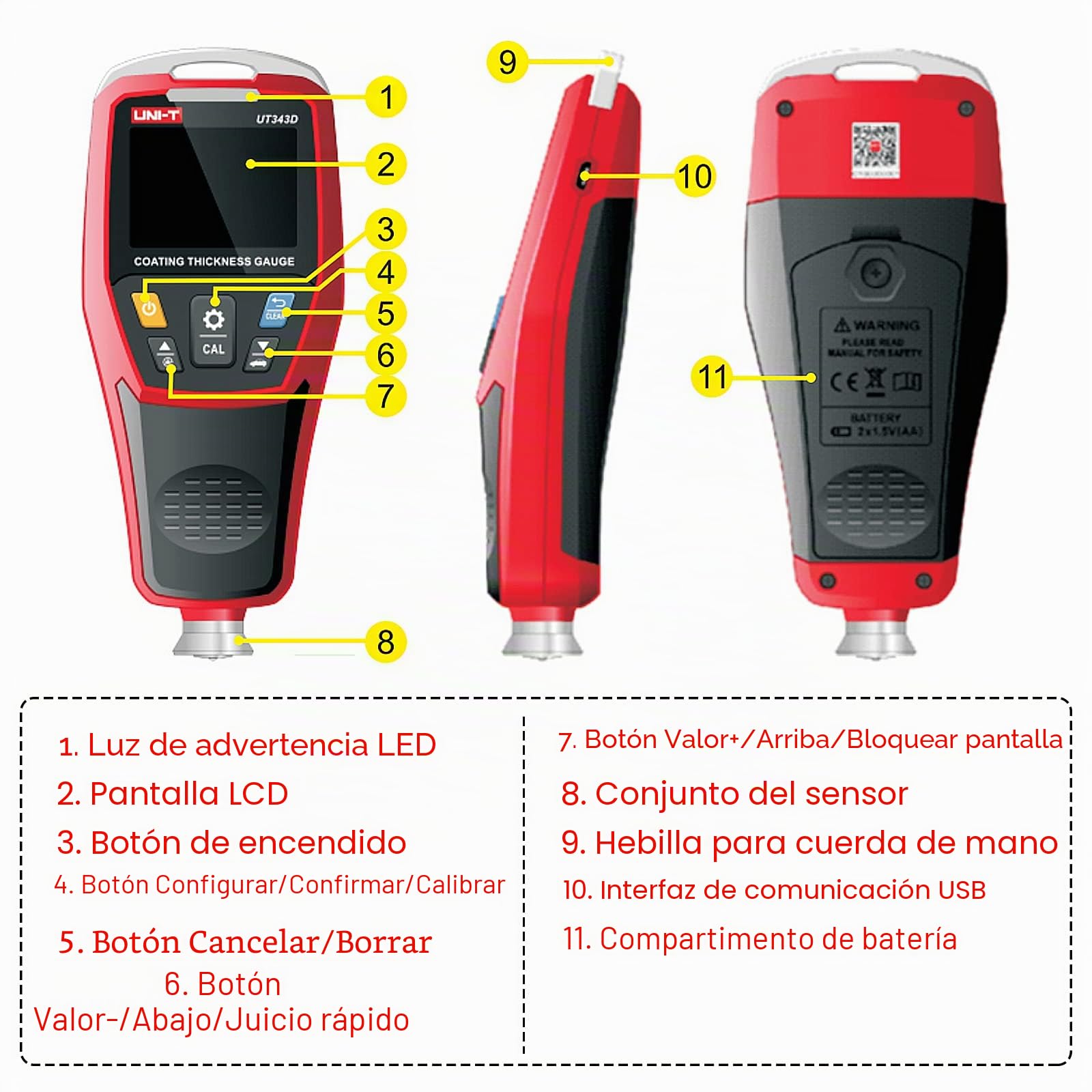 UNI-T UT343D Medidor de espesor de revestimiento digital Rango 0 a 1250um con función de datos USB