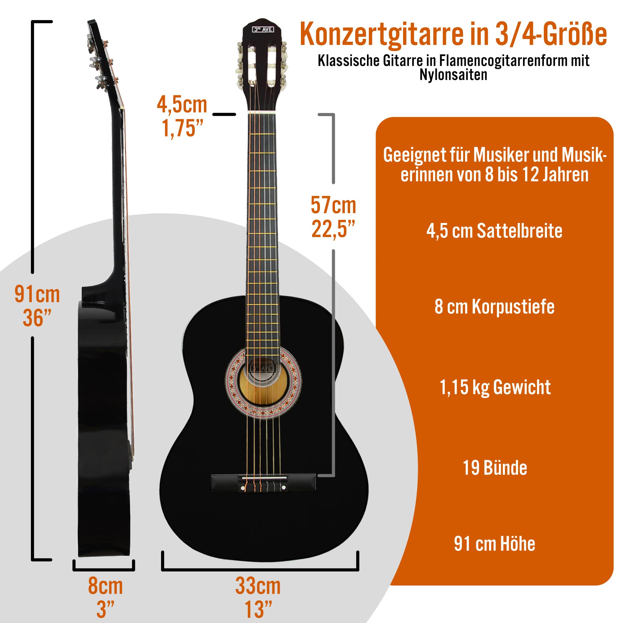 Guitare Classique Enfant 3/4 3rd Avenue - Pack Débutant Avec Cordes Nylon, Sac Et Cours Gratuits