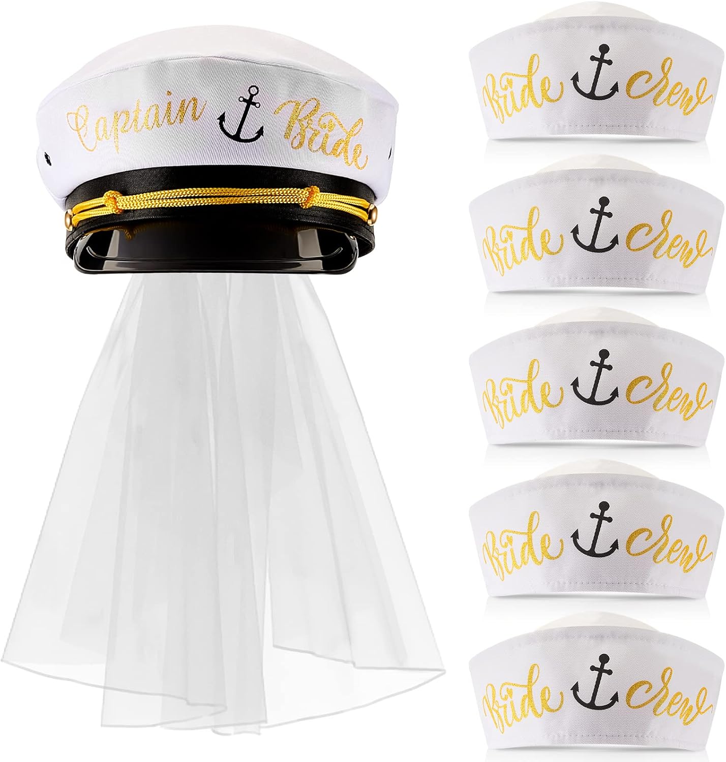Jecery 6 Pack Bride Captain Hat with Veil Bachelorette Party Decorations Bride Crew White Sailor Hat for Last Toast on The Coast Nautical Bridal Shower Party Supplies
