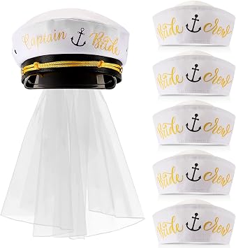 Jecery 6 Pack Bride Captain Hat with Veil Bachelorette Party Decorations Bride Crew White Sailor Hat for Last Toast on The Coast Nautical Bridal Shower Party Supplies