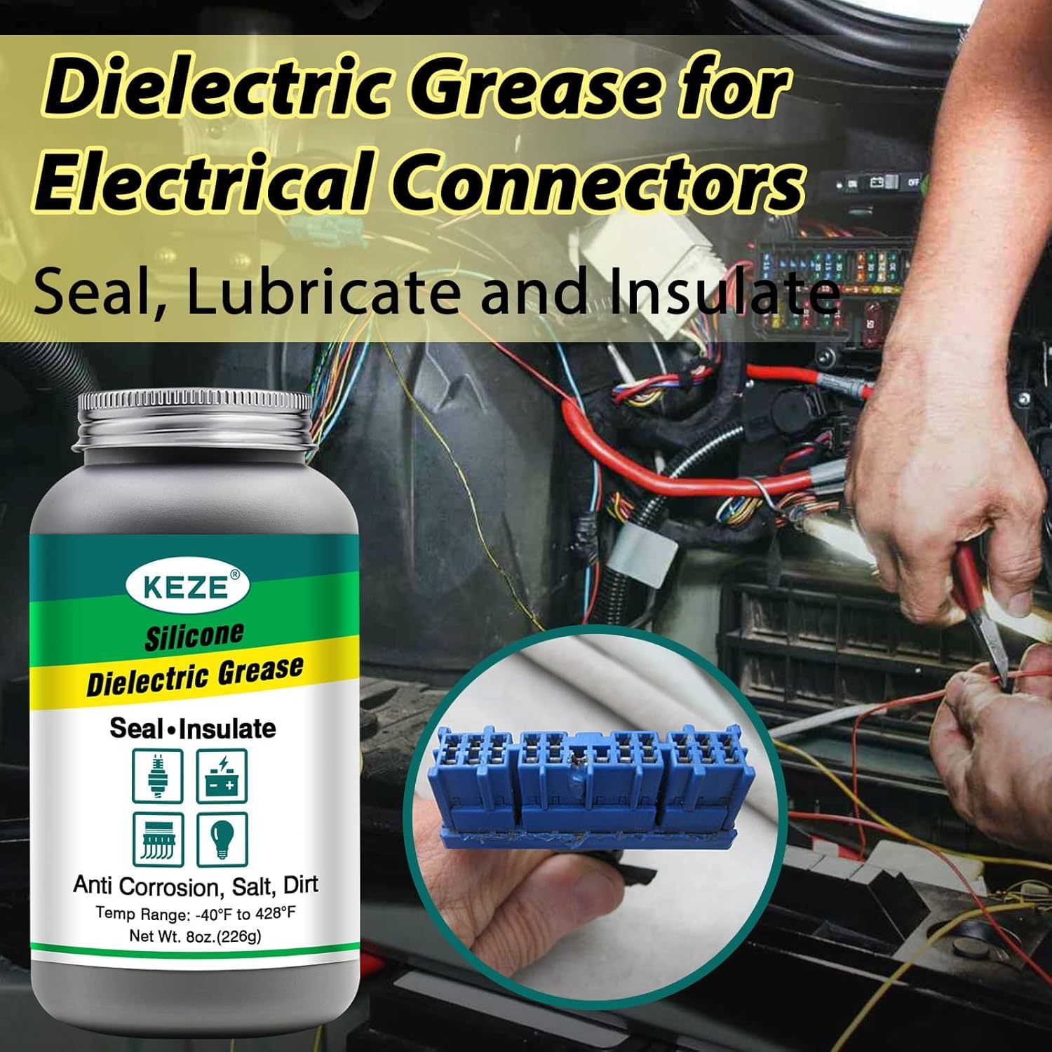 KEZE Graisse diélectrique pour connecteurs électriques, capuchon de bougie, protection contre la corrosion, sel et saleté, pâte silicone pour connecteurs électriques, bornes de batterie, 227 g.