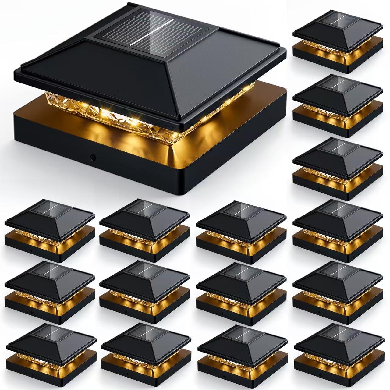 JOFIOS 16pack Modern Black Solar LED Post Cap Lights, 16 x LED, Waterproof, Solar Powered, Anti-Rust, for Deck, Fence, Porch, Garden, Patio