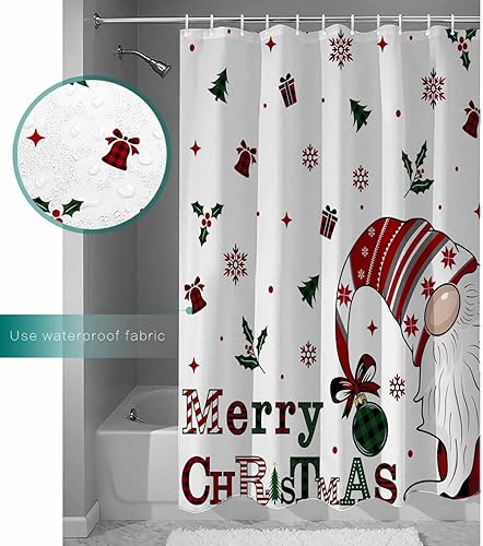 Miniatura 4 de zzsunfeel Juego de cortinas de ducha impermeables con 12 ganchos, caja de regalo de gnomo de Feliz Navidad, campana, copos de nieve, bayas, 72 x 72