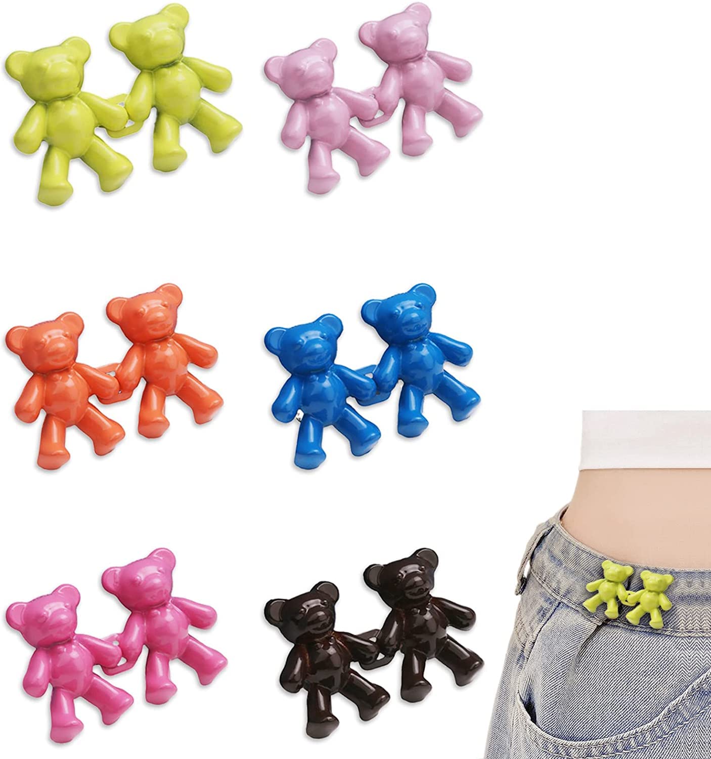 6 Pairs Bear Jeans Button Pins, Adjustable Jean Button Pin, No Sew Pant Waist Tightener, Fashion Jean Buttons Pins, Detachable, Not Easy to Corrode, for Women Skirt Pant Jeans