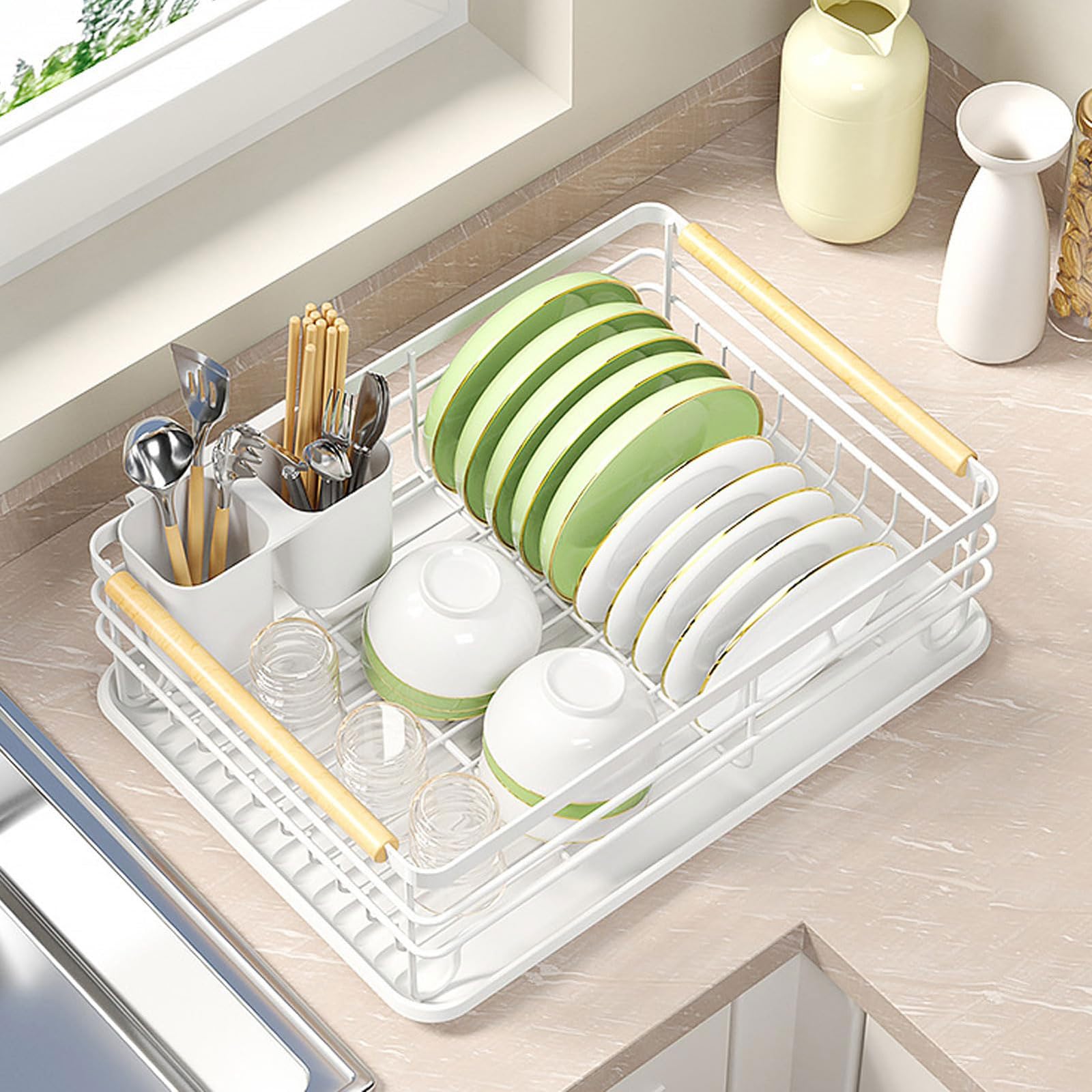 Escurridor de platos 43*30.5*14cm Acero al Carbono Escurridor de Platos para Fregadero con Bandeja Recogegotas y Portacubiertos Secador Ahorra Espacio Multifuncional Resistente al óxido Secaplatos