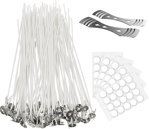 100 Pcs Cotton Candle Wick 8'',Wicks Coated with Paraffin Wax, 100PCS Candle Wick Stickers and 2PCS Metal Candle Wick Holders for Candle Making, Suit for Soy Beeswax Candle Making DIY