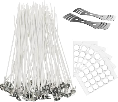 100 Pcs Cotton Candle Wick 8,Wicks Coated with Paraffin Wax, 100PCS Candle Wick Stickers and 2PCS Metal Candle Wick Holders for Candle Making, Suit for Soy Beeswax Candle Making DIY