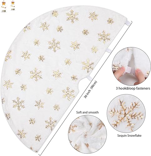Miniatura 73 de Falda de árbol de Navidad de 48 pulgadas, falda de árbol de piel sintética de lujo con copos de nieve dorados y lentejuelas, alfombrillas grandes