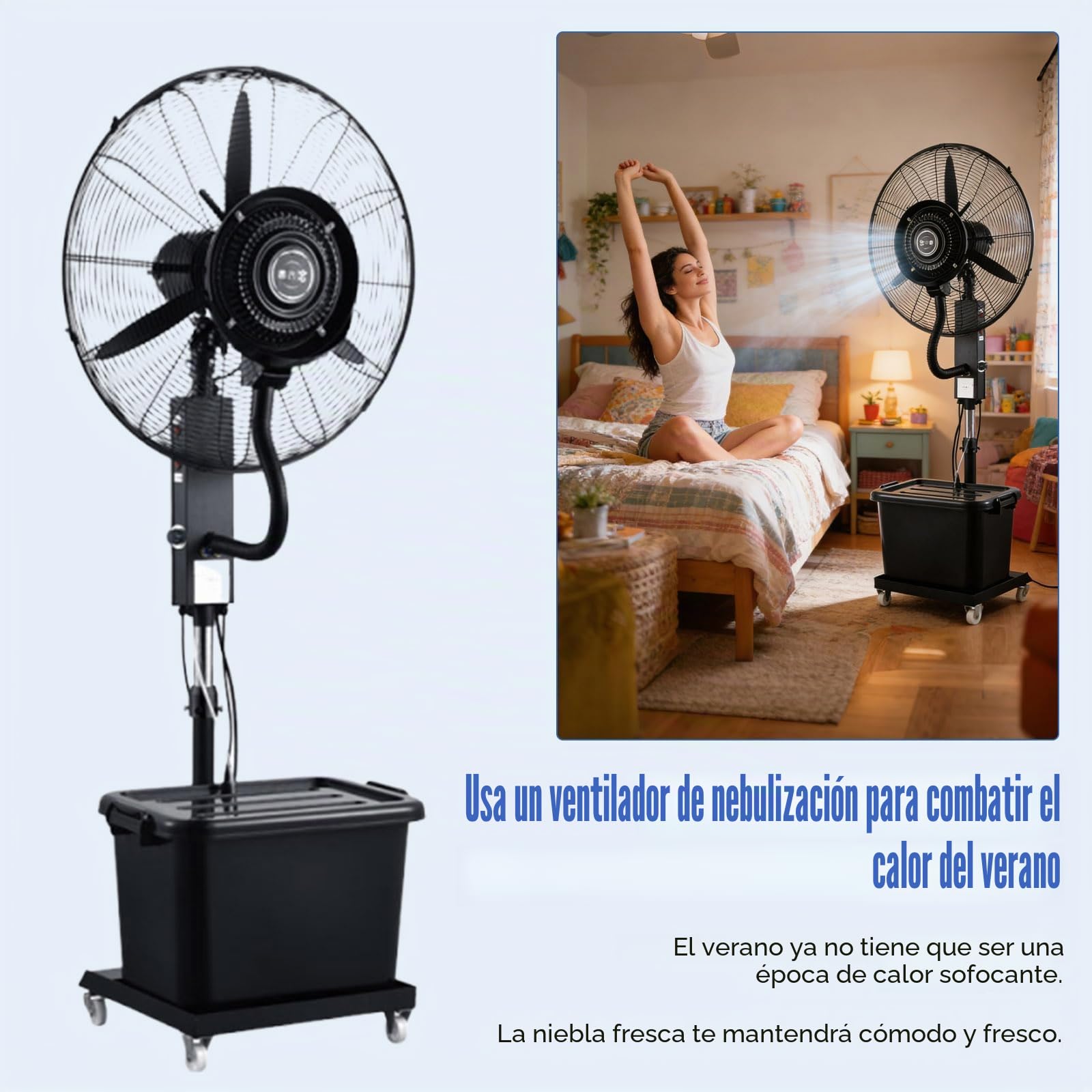 Ventilador Nebulizador de Pie con Depósito de 42L, Ventilador Enfriador con Tanque de Agua, 3 Velocidades, Regulable en Altura, Apto para Jardín, Terraza, Bares y Restaurantes.