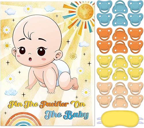 Miniatura 19 de Faccito Juego pon el chupón para baby shower Decoraciones para fiesta de baby shower Incluye póster grande 24 pegatinas de chupete Juego con venda