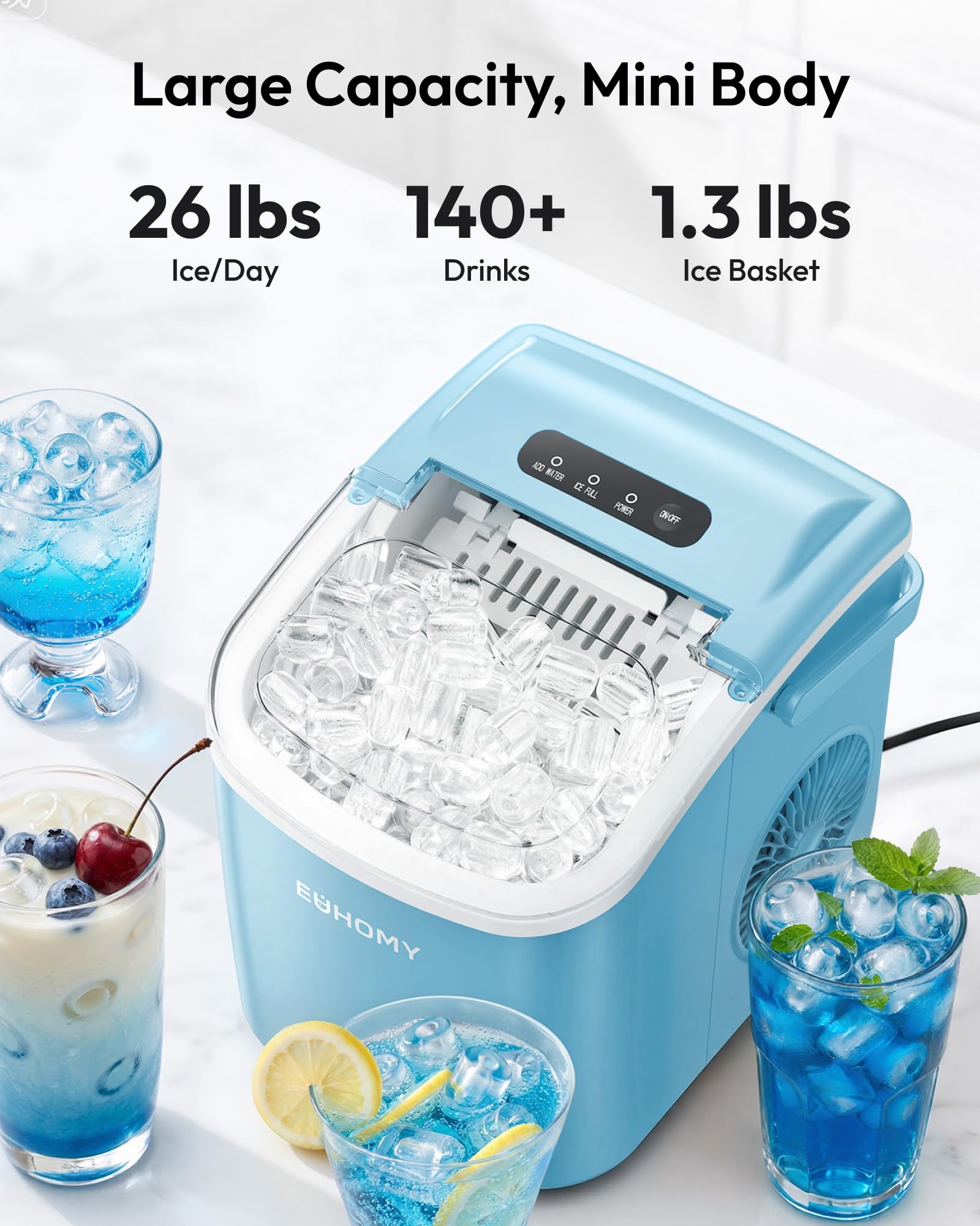 EUHOMY Countertop Ice Maker Machine with Handle, 26lbs Per Day, 9 Ice Cubes Ready in 6 Mins, Auto-Cleaning Portable Ice Maker with Basket and Scoop, for Home/Kitchen/Camping/RV (Blue) view 3
