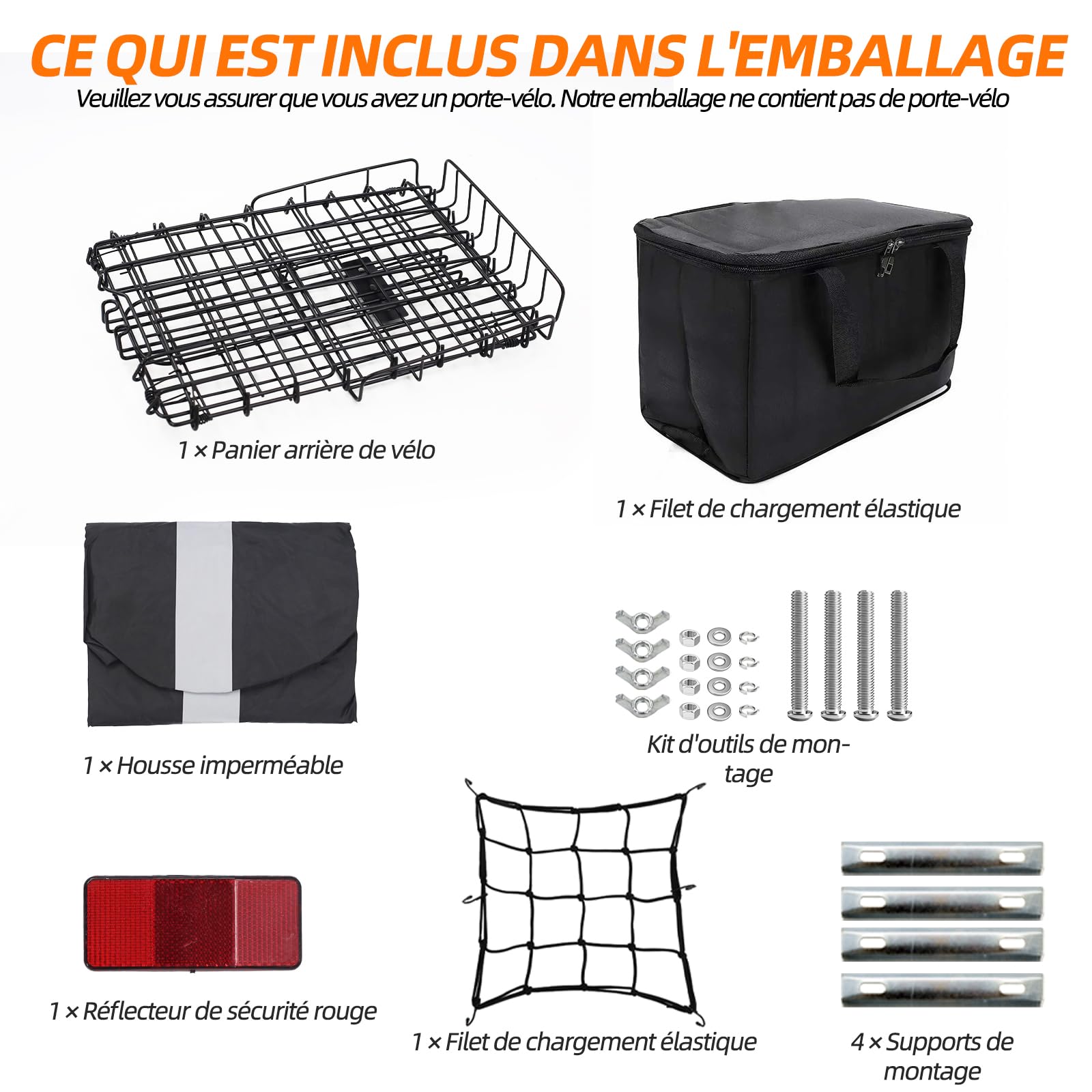 Panier de vélo. Panier de vélo unisexe, montage arrière, amovible, grande capacité, adapté pour vélos électriques, VTT, vélos de ville et vélos de loisir. (Montage sur roue arrière, pliable)