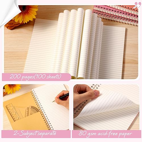 Miniatura 3 de Teling 12 cuadernos en espiral pequeños de 2 materias con rayas universitarias de 9-12 x 6 pulgadas, 100 hojas de colores surtidos, línea fácil de