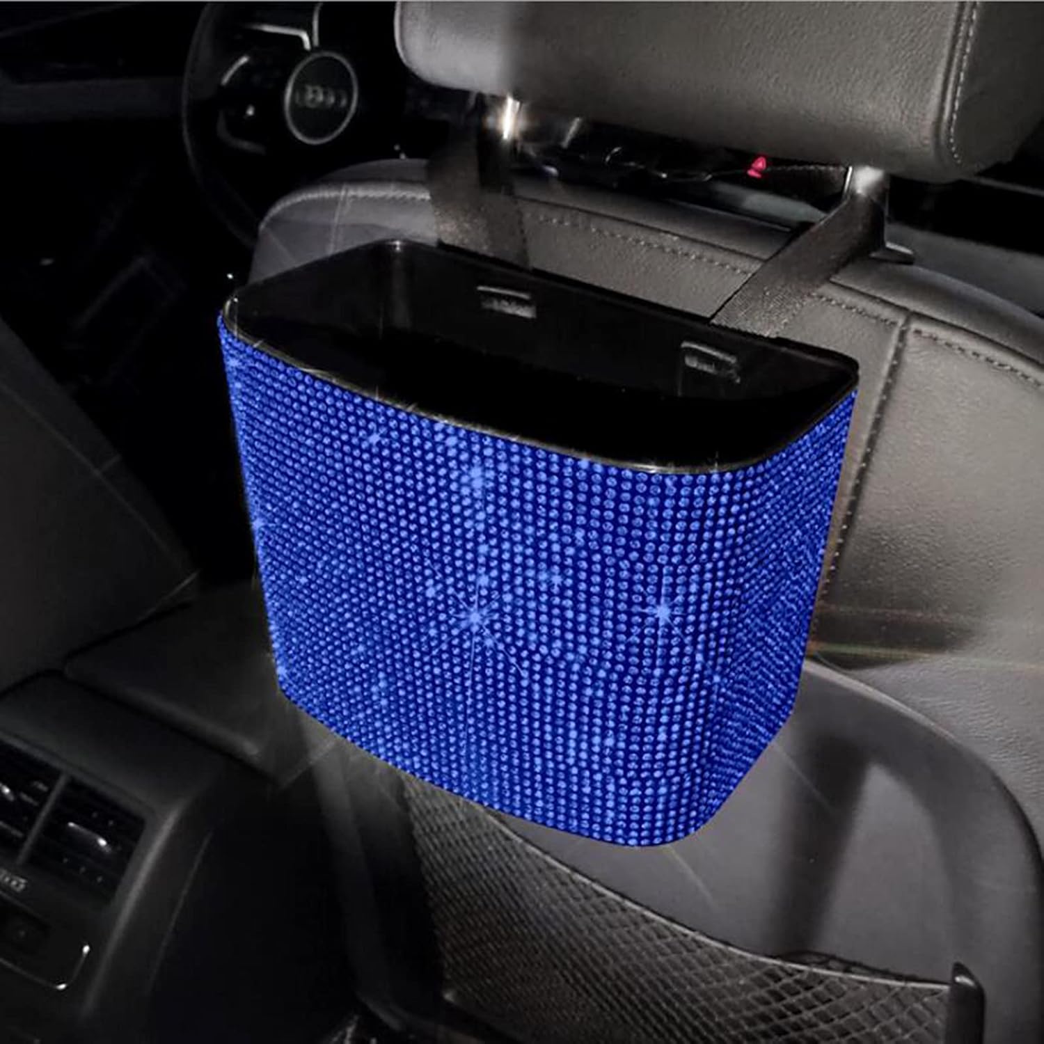 HYL World Bling Car Garbage Can Hanging Seat Back Wastebasket with Sparkle Rhinestones Car Accessories for Women,Blue