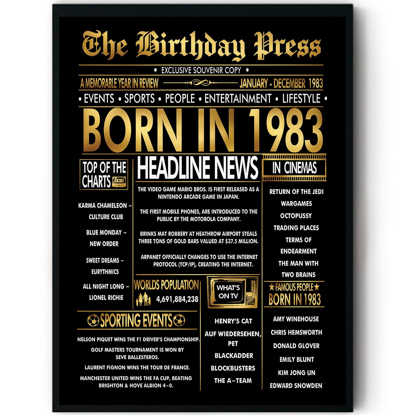 Stuff4 Men's 1983 Gold 43Rd Birthday Poster Framed, Golden Born In Newspaper