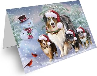 Christmas Running Family Australian Shepherds Dog Greeting Cards - Adorable Pets Invitation Cards with Envelopes - Pet Artwork Christmas Greeting Cards GCD71405 (10 Greeting Cards)