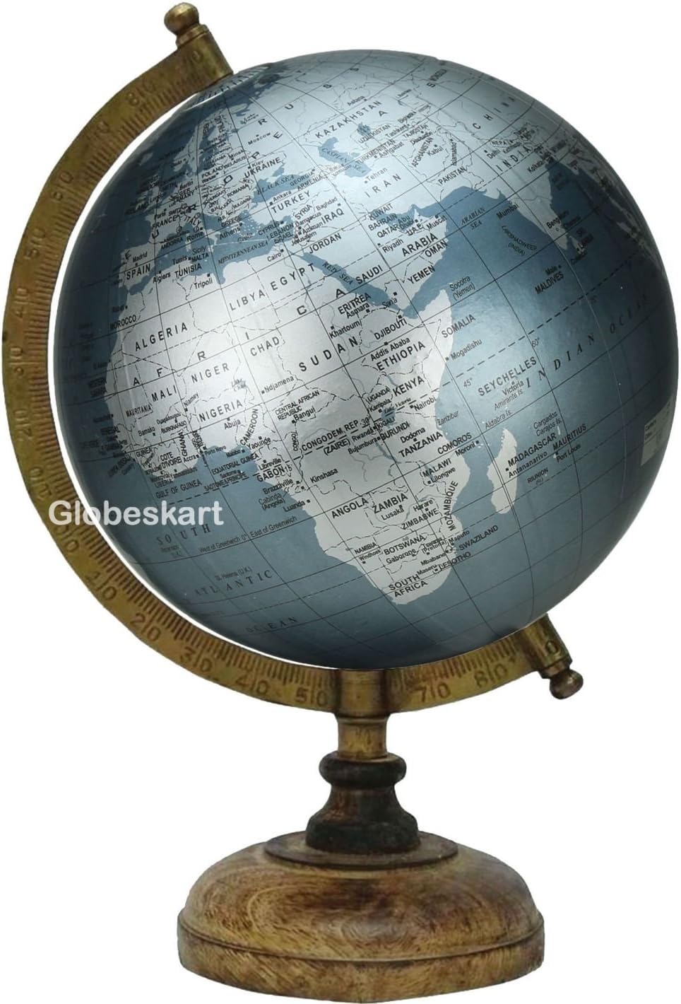 Educational/Antique Globe with Brass Antique Arc and Wooden Base/World Globe/Home Decor/Office Decor/Gift Item / 8 inches (Marquise Silver)