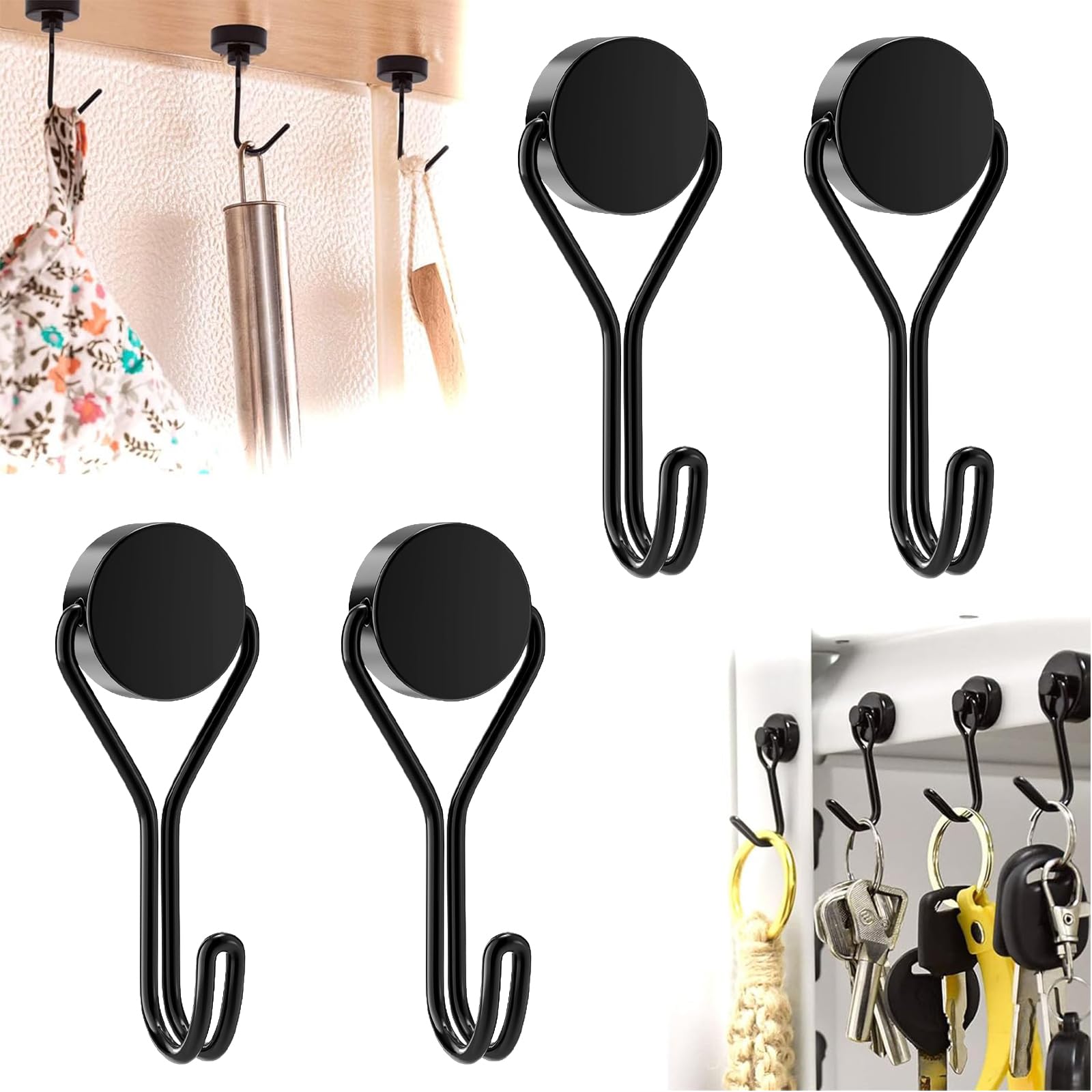 KARELLS 4 Pieces Black Magnetic Hooks, Extra Strong Magnetic Hooks, Swivel Swings, Neodymium Magnet Hooks, Key Holder, for Iron Doors Refrigerators, Kitchen, Clothes Rack Office, Magnetic Hooks