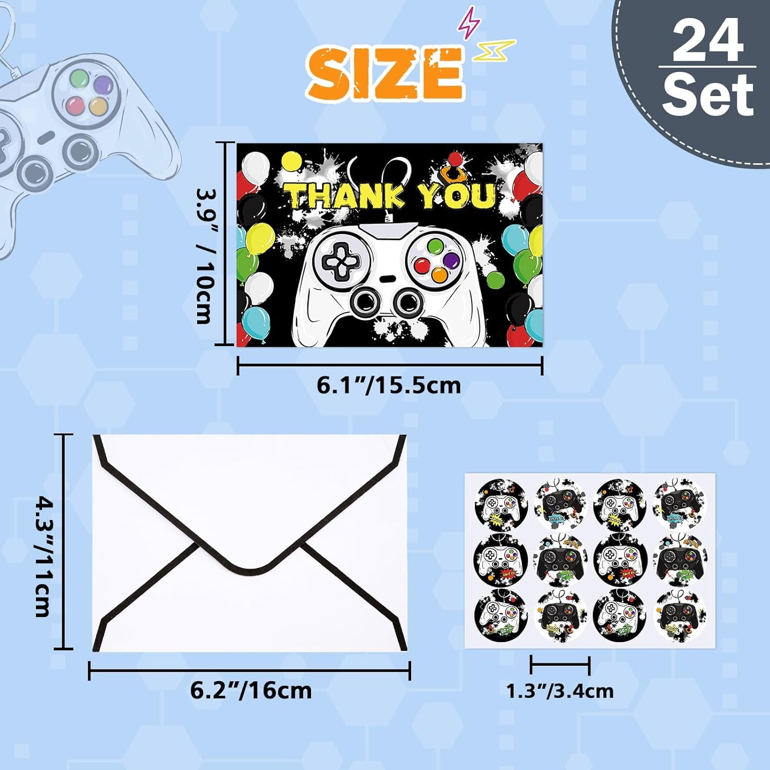 WERNNSAI Video Game Thank You Cards - 24 PCS Video Game Birthday Decorations Thank You Cards with Envelopes Stickers Fill in Blank Notes for Kids Gaming Birthday Baby Shower Party Supplies 4'' X 6''