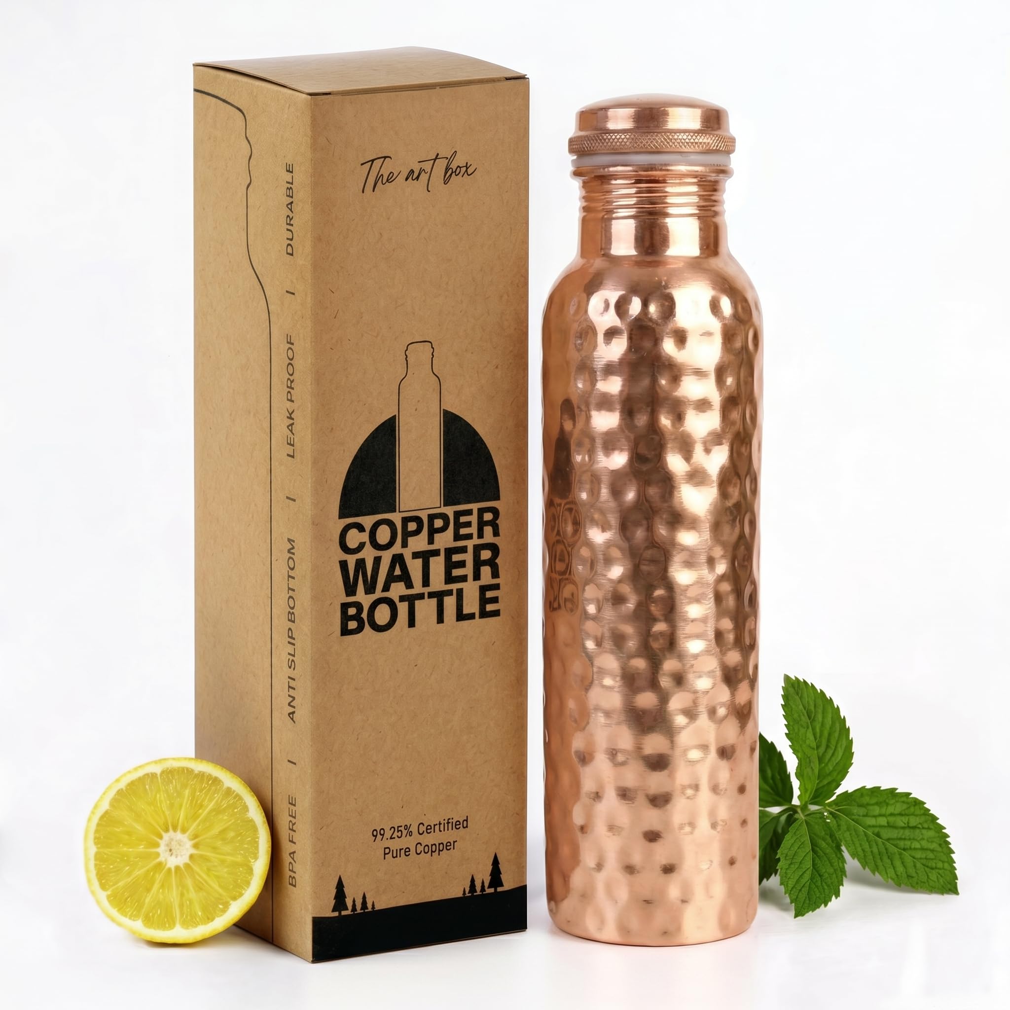 THE ART BOX Hammered Copper Water Bottle 1 Liter / 34 Oz Extra Large - an Ayurvedic Pure Copper Vessel - Drink More Water, Lower Your Sugar Intake and Enjoy The Health Benefits Immediately