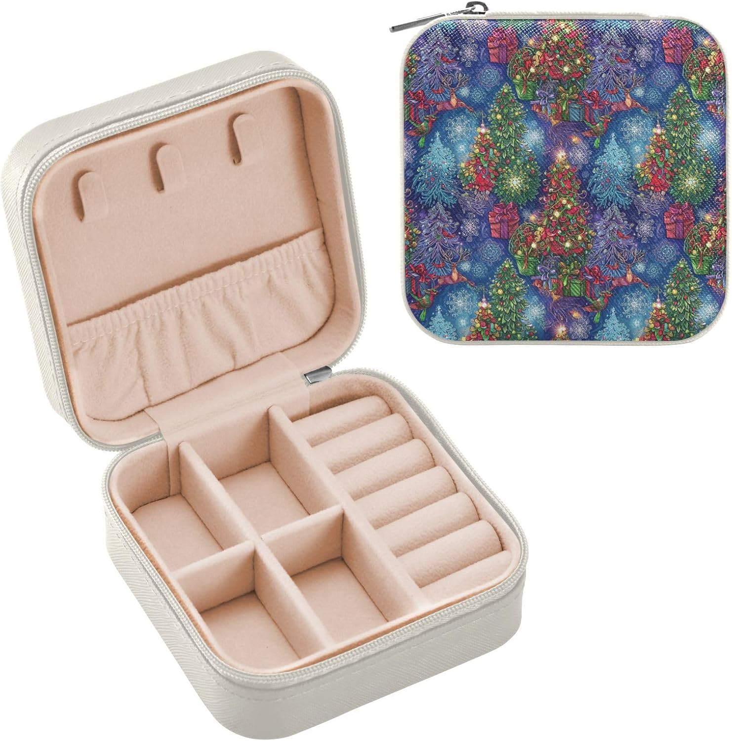 GuoChe Blue Christmas Tree & Gift Pattern Leather Mini Jewelry Case Travel Jewelery Organizer Mini Organizer Holder Boxes for Rings Bracelets Earrings Storage Girls Personalized Gifts for Women