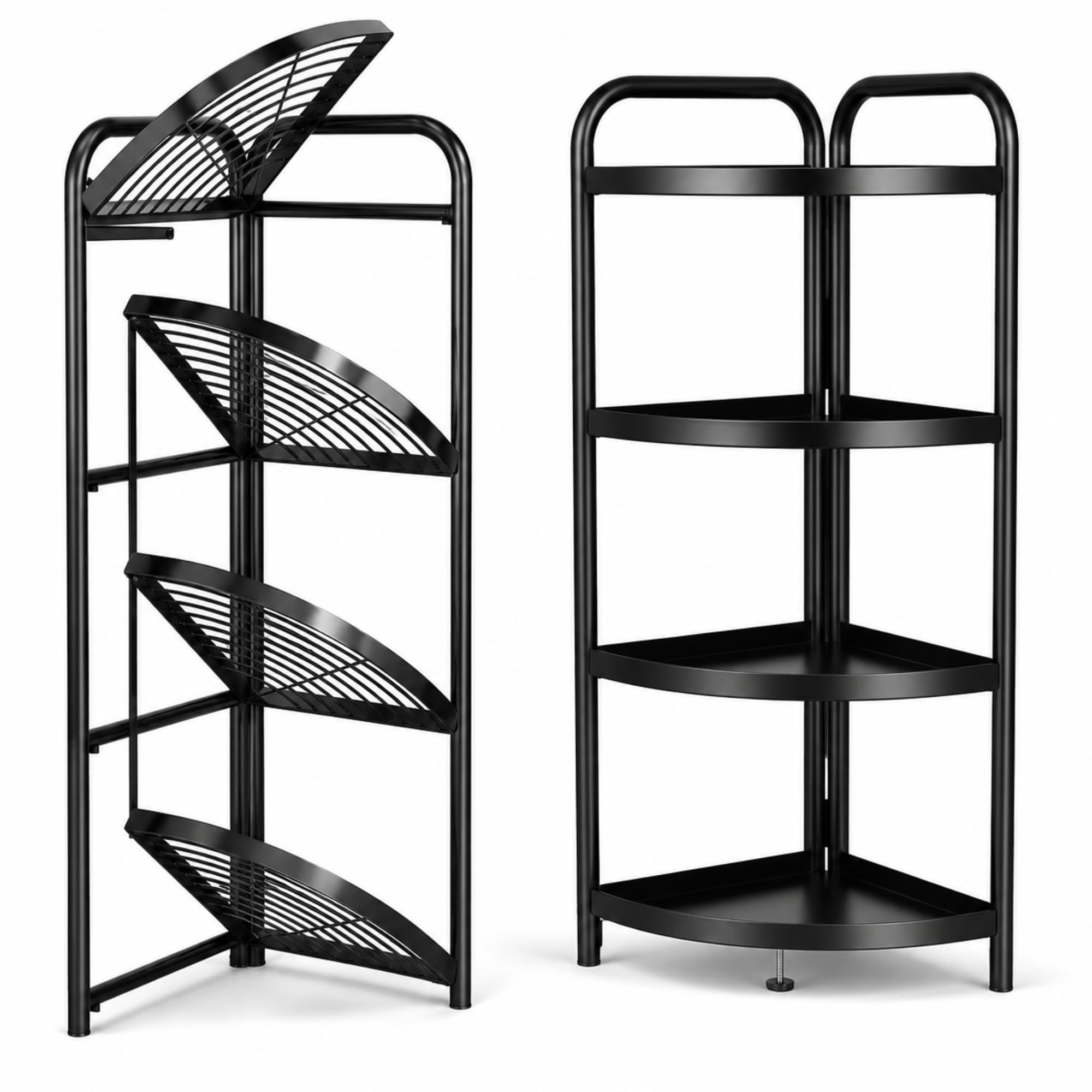smart saver foldable corner shelf racks, 4 half-rounded shelves, foldable kitchen bathroom standing shelf unit to store spices, books, toiletries etc, black