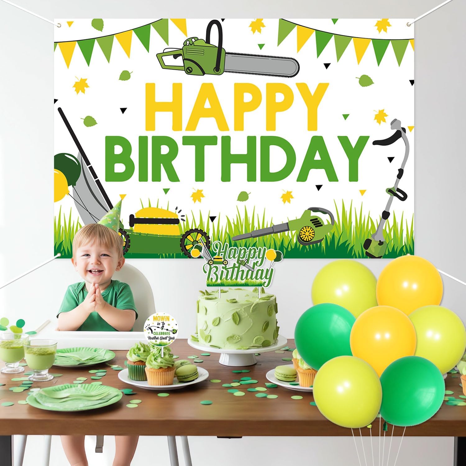 46Pcs Lawnmower Birthday Party Decoration - Mower Background Happy Birthday Banner Green Tractor Cupcake Toppers for Boys Farm Themed Tractor Time Party Supplies