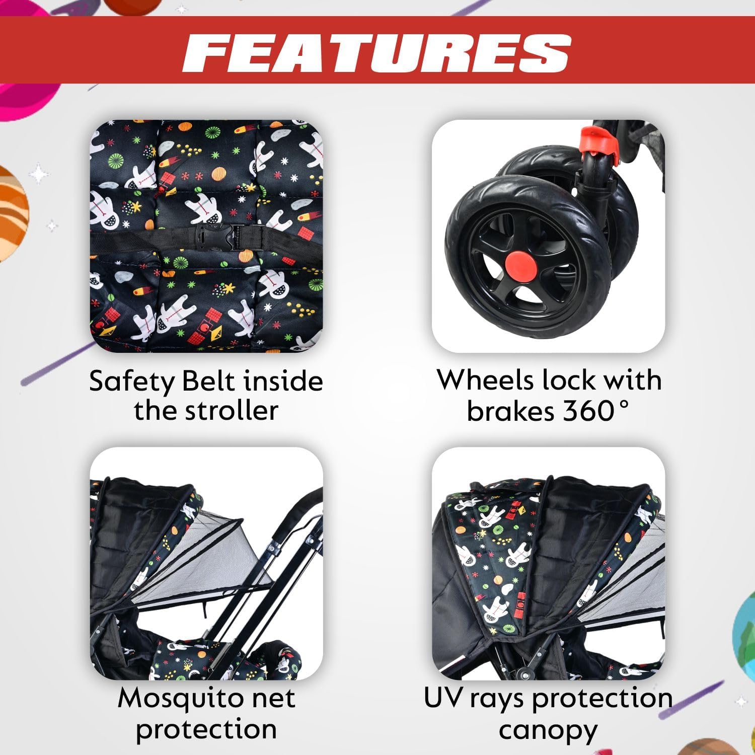 KIDBITKART Umbo Baby Stroller Pram for 0-3 Years 5 Point Safety Harness,360° Swivel Wheel Stroller (Black) - Image 8 thumbnail