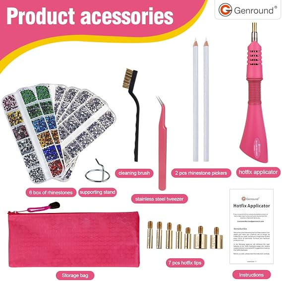 Hotfix Applicator, Genround Bedazzler Kit with Rhinestones Iron-on Hotfix Applicator Tool Wand Tool Set with 6 Boxes of Gems Round Crystal Rhinestones/Storage Box/Tweezer/Gems Picking Pen for Clothes