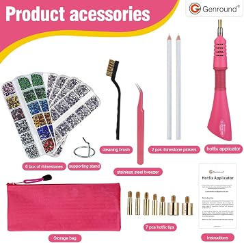 Hotfix Applicator, Genround Bedazzler Kit with Rhinestones Iron-on Hotfix Applicator Tool Wand Tool Set with 6 Boxes of Gems Round Crystal Rhinestones/Storage Box/Tweezer/Gems Picking Pen for Clothes