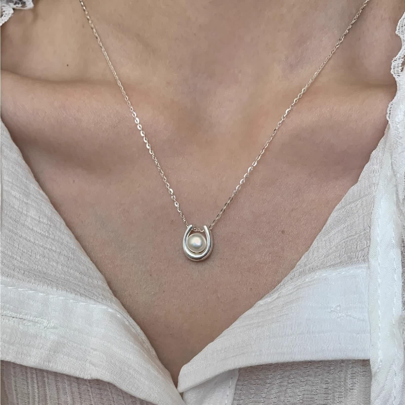 Perlen Halskette Damen, Halskette Anhänger Kette Echtschmuck 9K/14K/18K Weißgold U-Förmige Perlen 40+5cm Lang