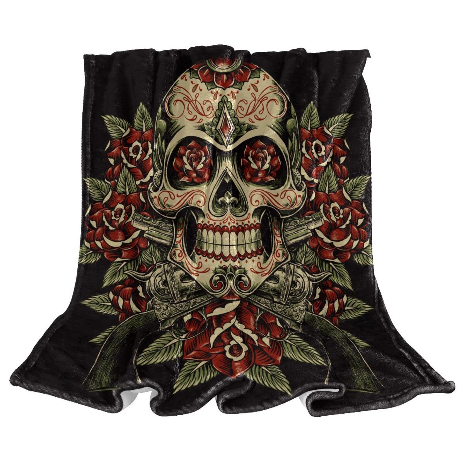 Couverture polaire fleurs tête de mort rouge pour canapé et lit 150x100 cm