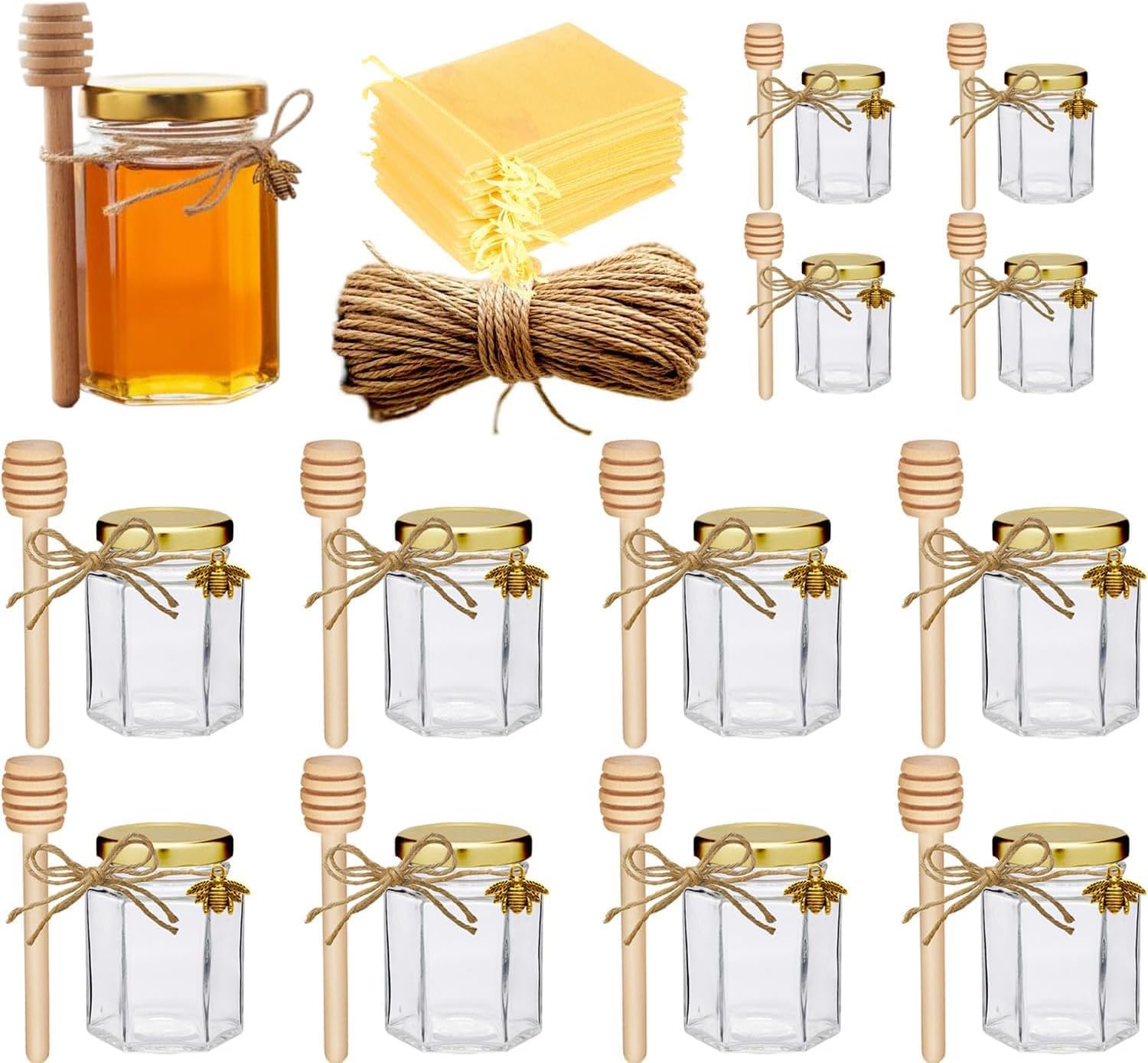 Honey Pot, Glass Honey Jars with Wood Dipper, Gold Lid, Bee Charms, Gold Organza Bags, Thank-you Tags, Ideal for Bee Party Favors, 4oz 12 Pack
